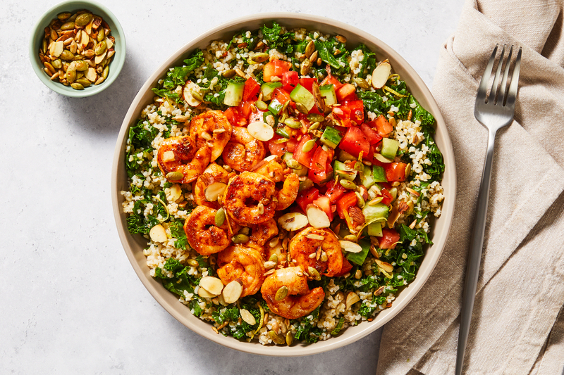 Lemony Kale Tabbouleh Bowls with Shrimp