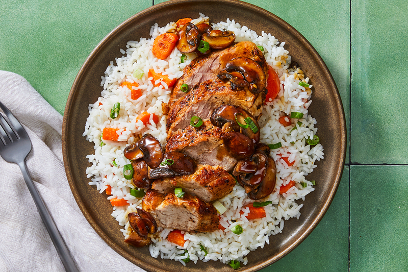 Garlic Roasted Pork and Teriyaki Glazed Mushroom