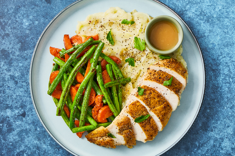 Chicken with Buttery Mash, Sauteed Veggies and Maple Gravy