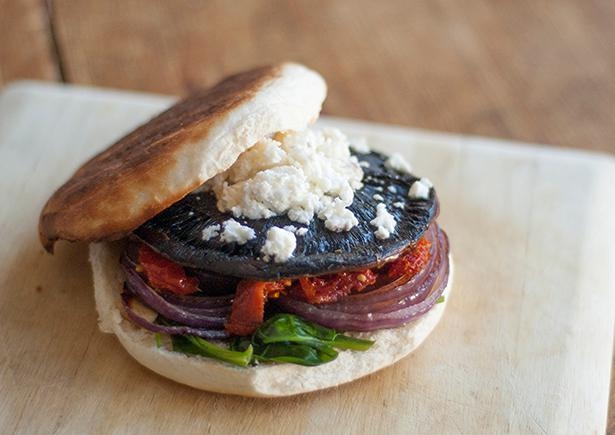 Mushroom Burger with Fetta & Wilted Spinach (v)