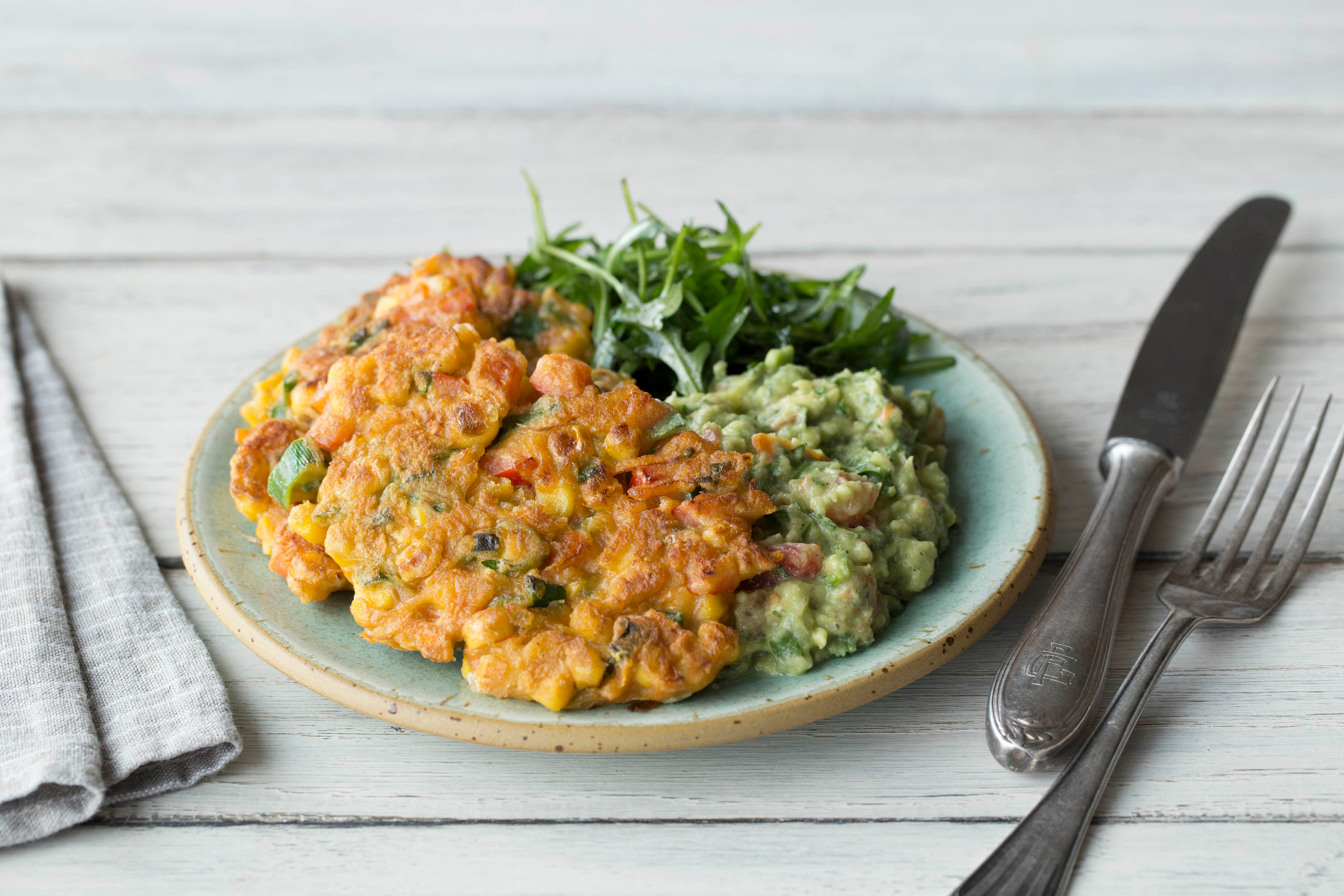 Golden Corn Fritters with Guacamole