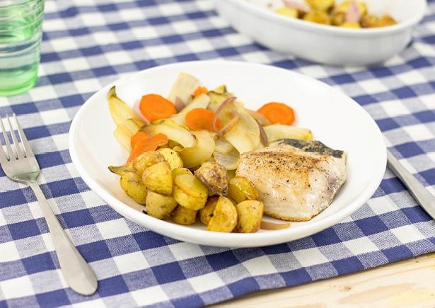 Gebakken skrei met zoete witlof en krieltjes