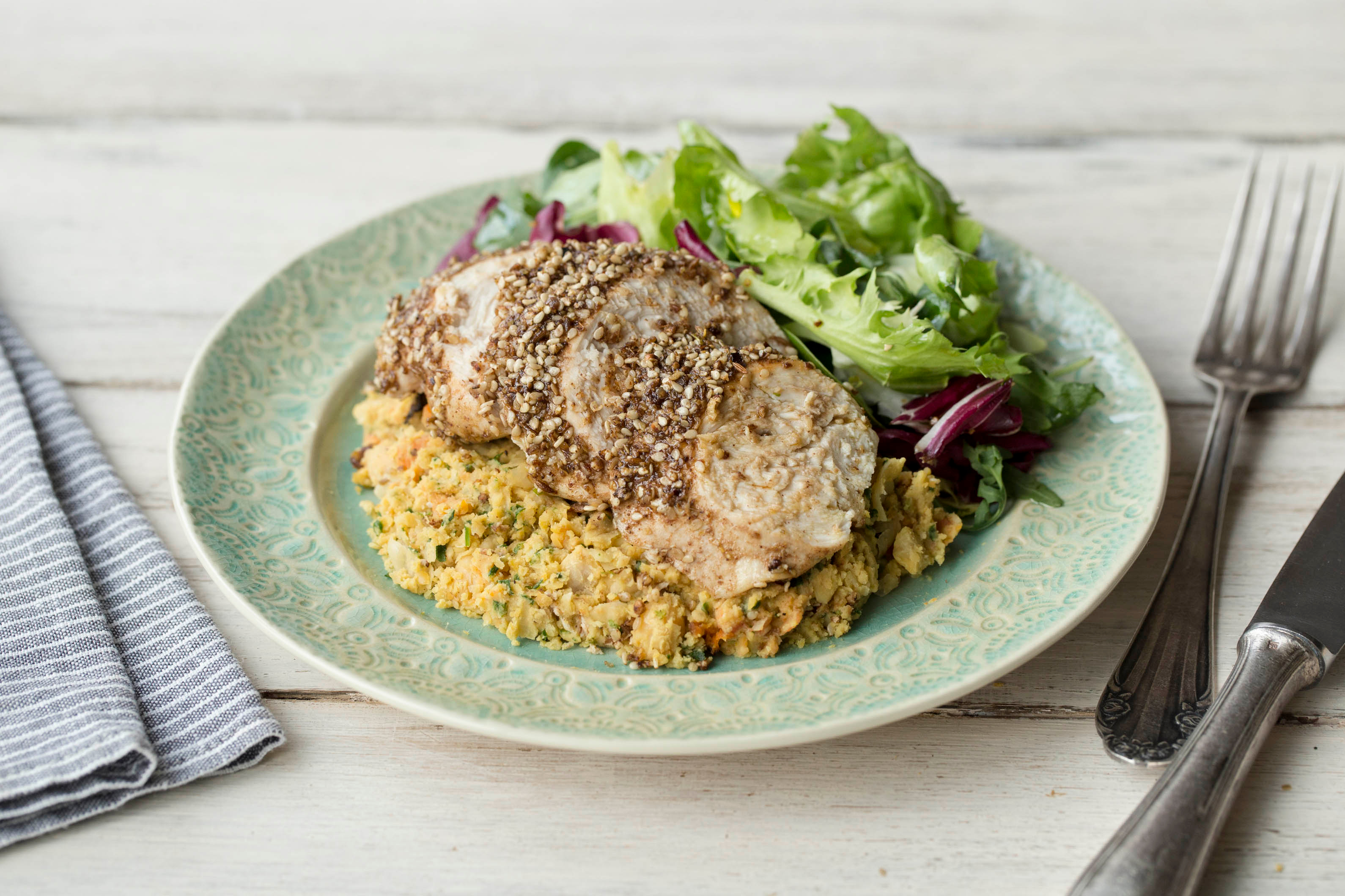 Dukkah Chicken with Spicy Carrot Hummus