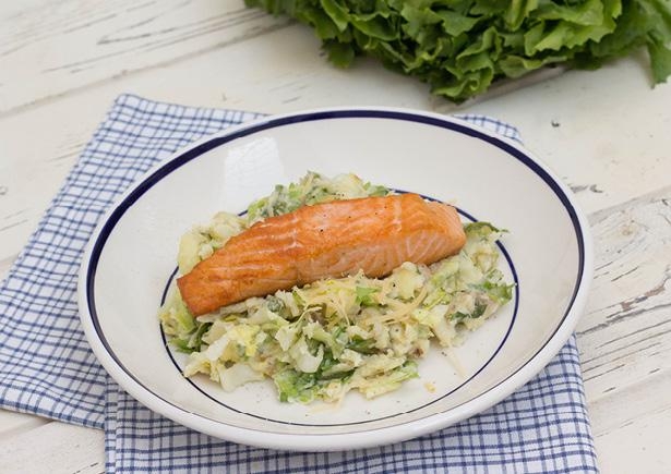 Andijviestamppot met komijnekaas en Schotse zalmfilet