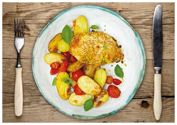 Hähnchenfilet mit feiner Basilikum-Mozzarella-Haube