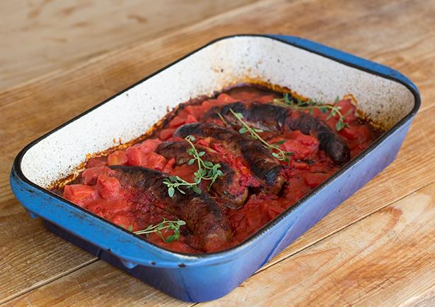 Roasted Salsiccia in Tomatoes Sugo with Polenta