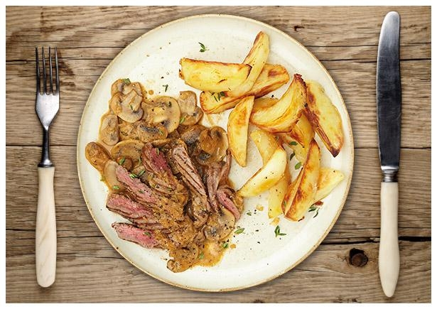 Zartes Rindersteak mit Crème fraîche-Champignon-Thymian-Soße