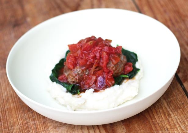 Horseradish & Beetroot Meatballs with Rustic Mash & Wilted Spinach