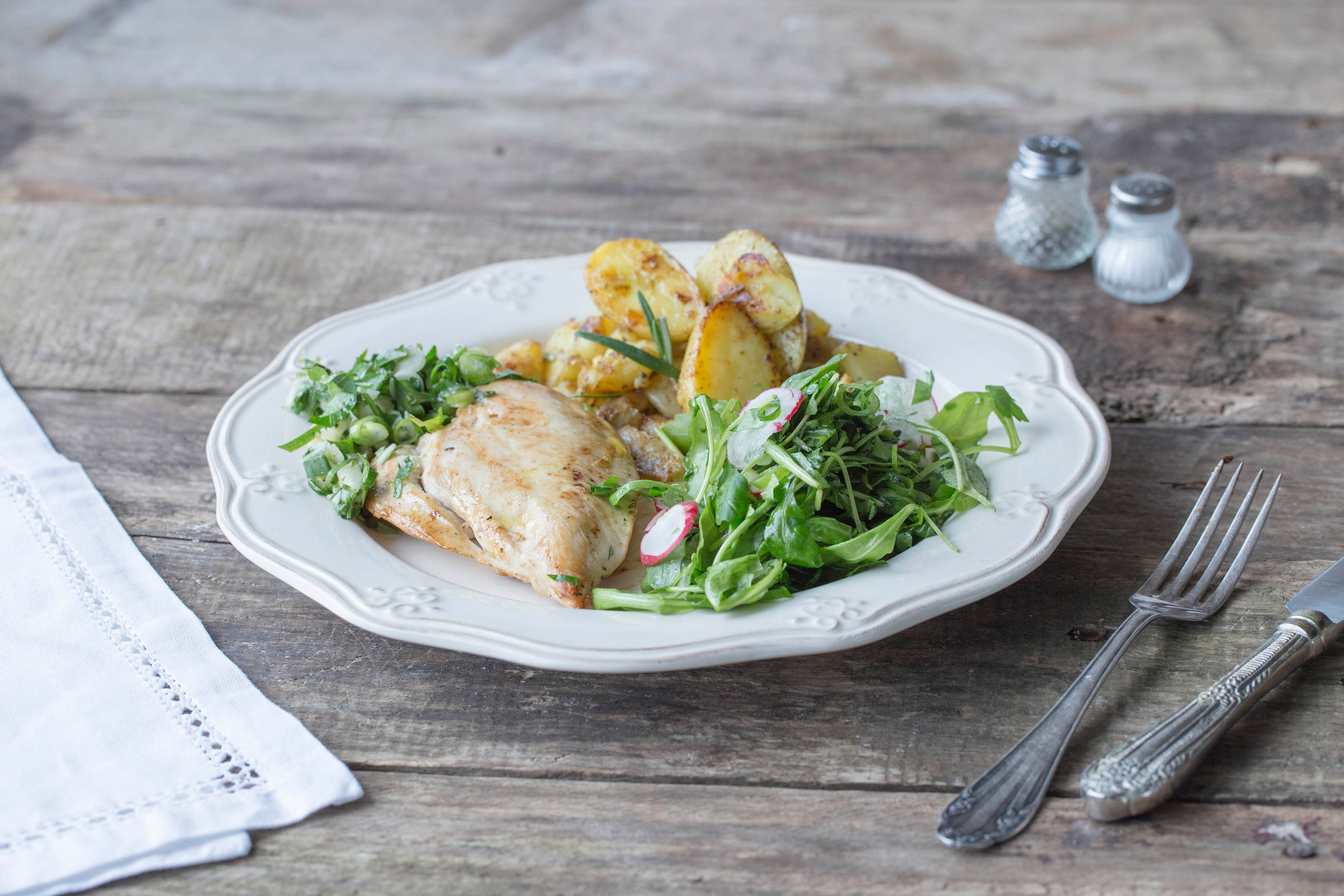 Chicken Paillard with Crushed Rosemary Potatoes,