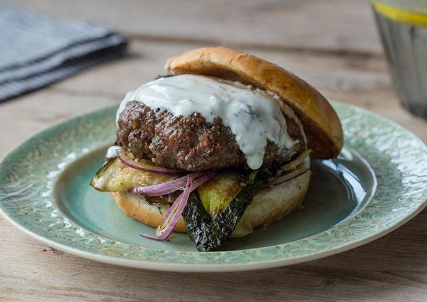 Za’atar Lamb Burger with Grilled Zucchini & Tzatziki