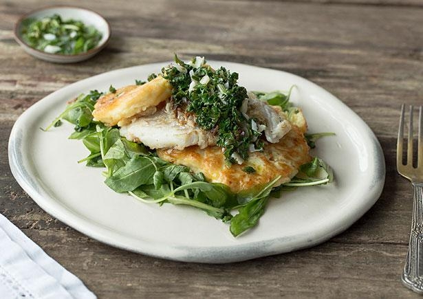 BBQ Fish with Salmoriglio & Potato Cakes