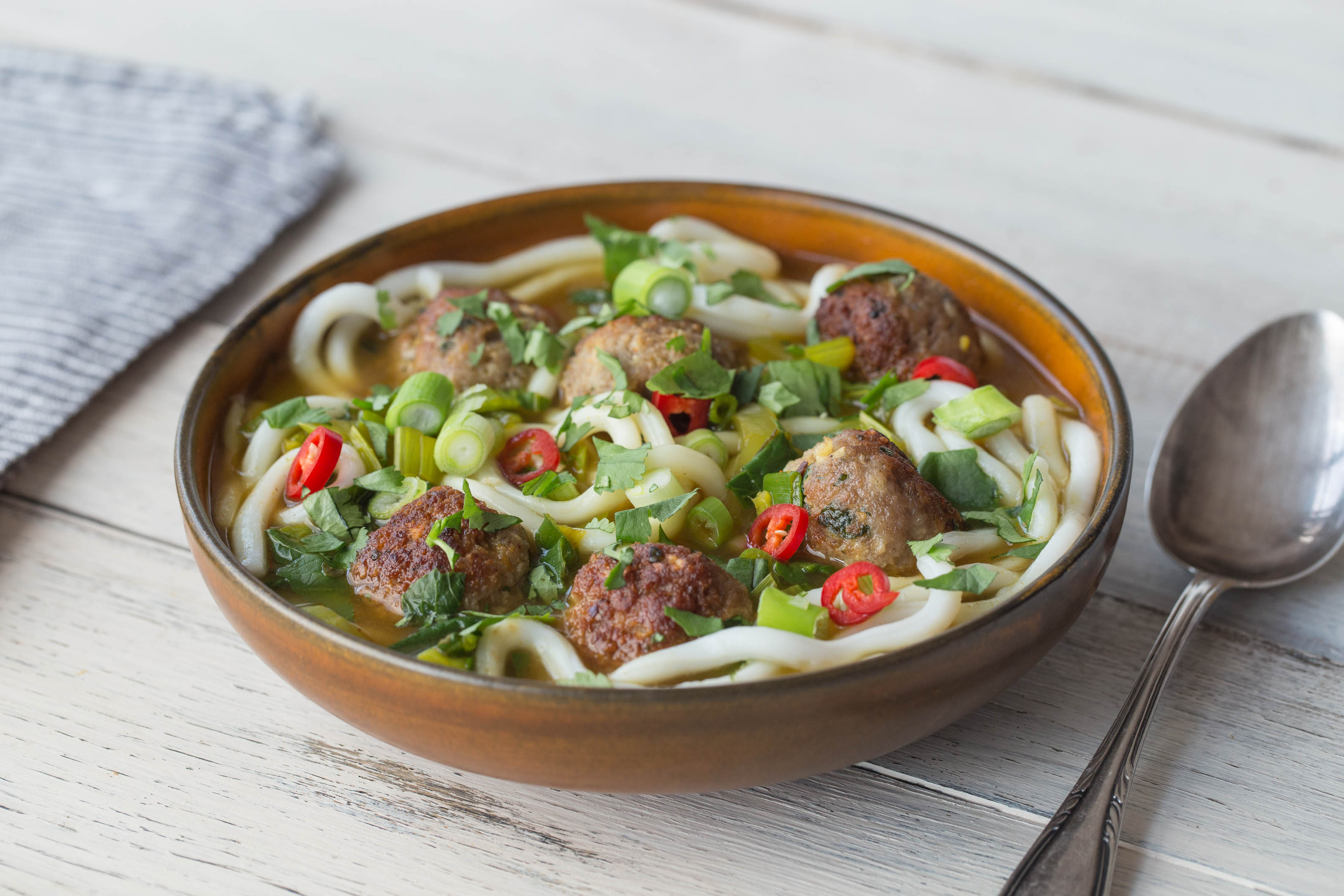 Ginger Pork Meatballs in Udon Noodle Soup