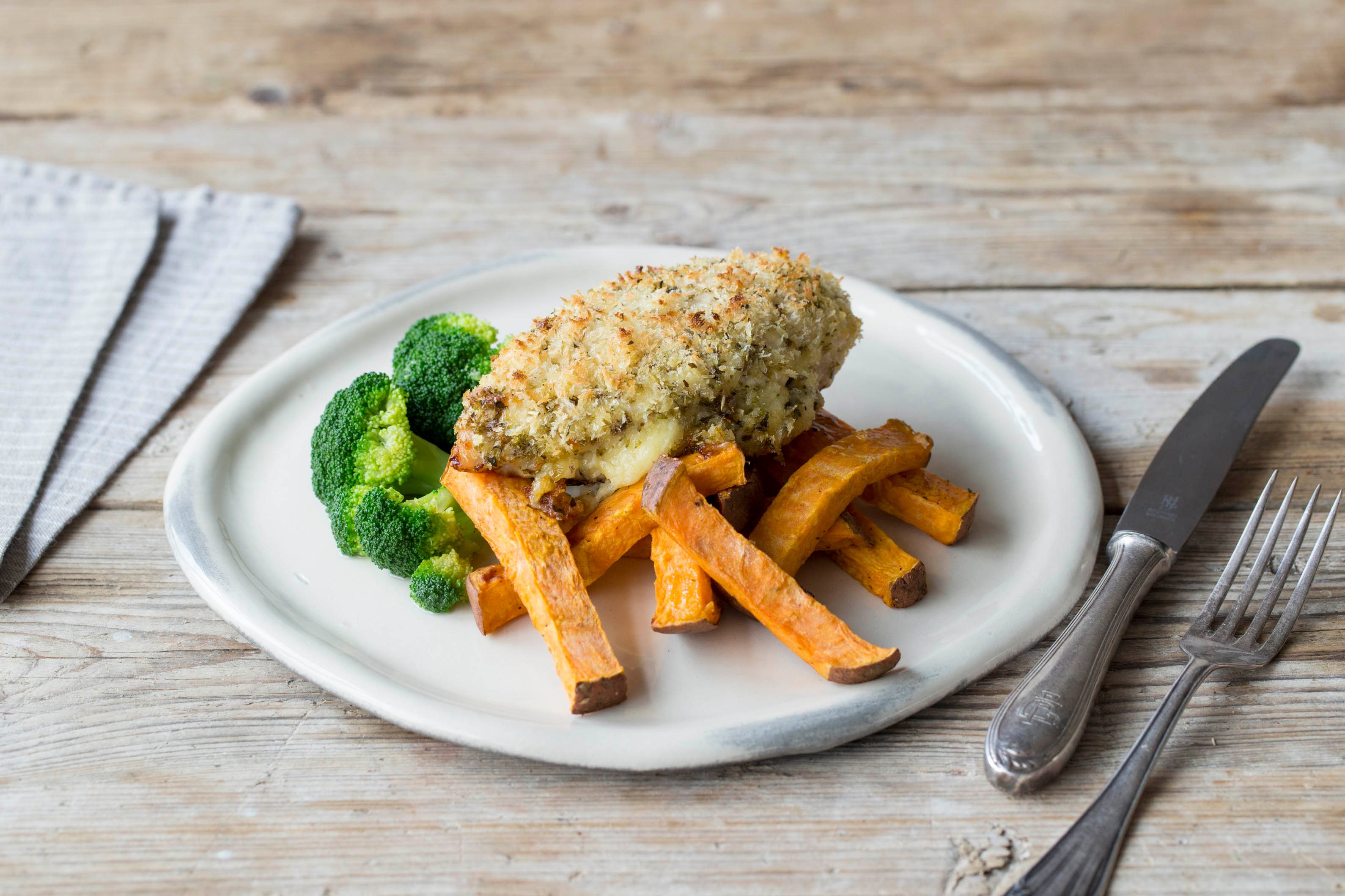 Speedy Chicken Run Kiev with Sweet Potato Wedges