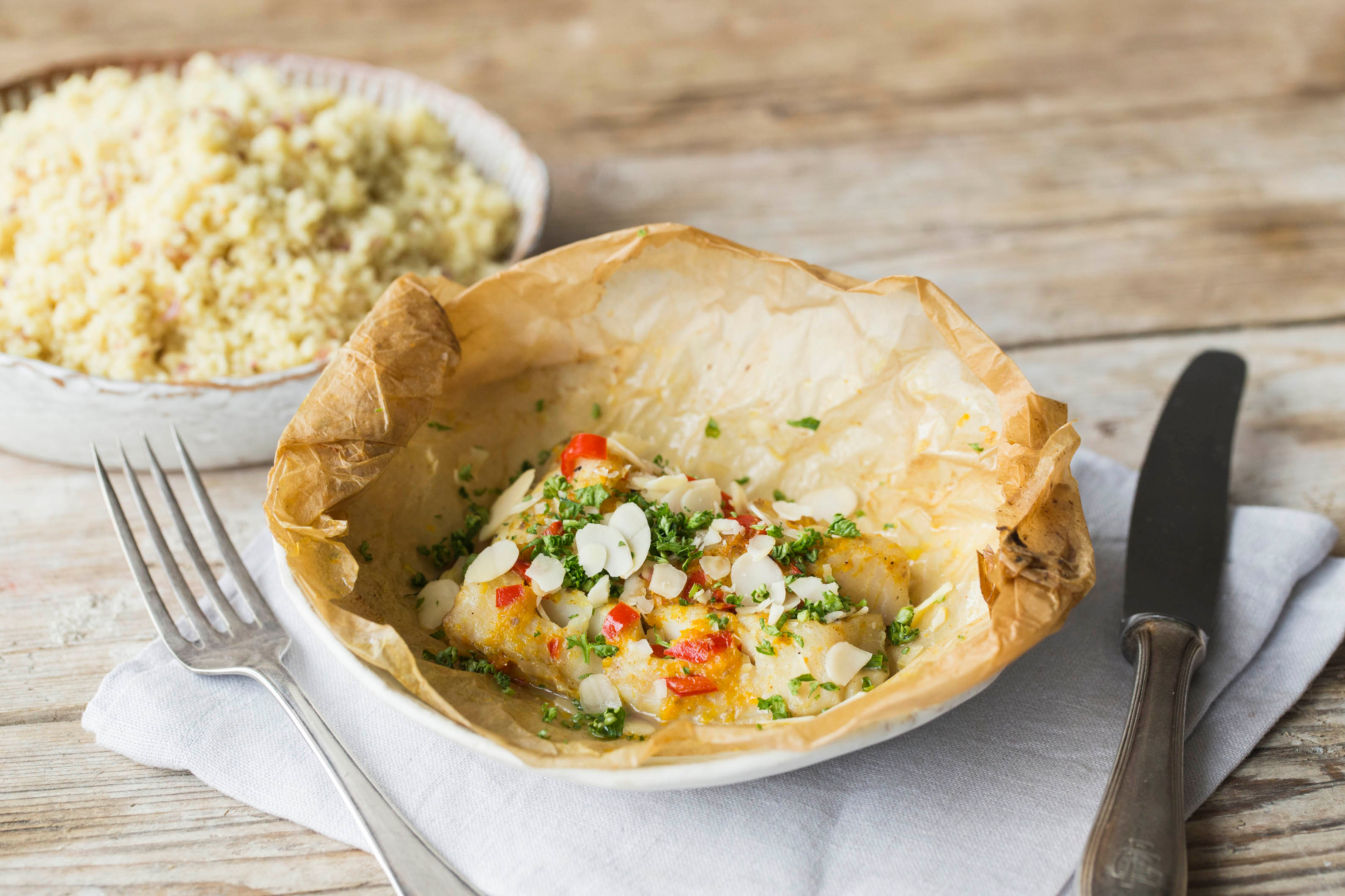 Zesty Barramundi en Papilotte with Moroccan Couscous