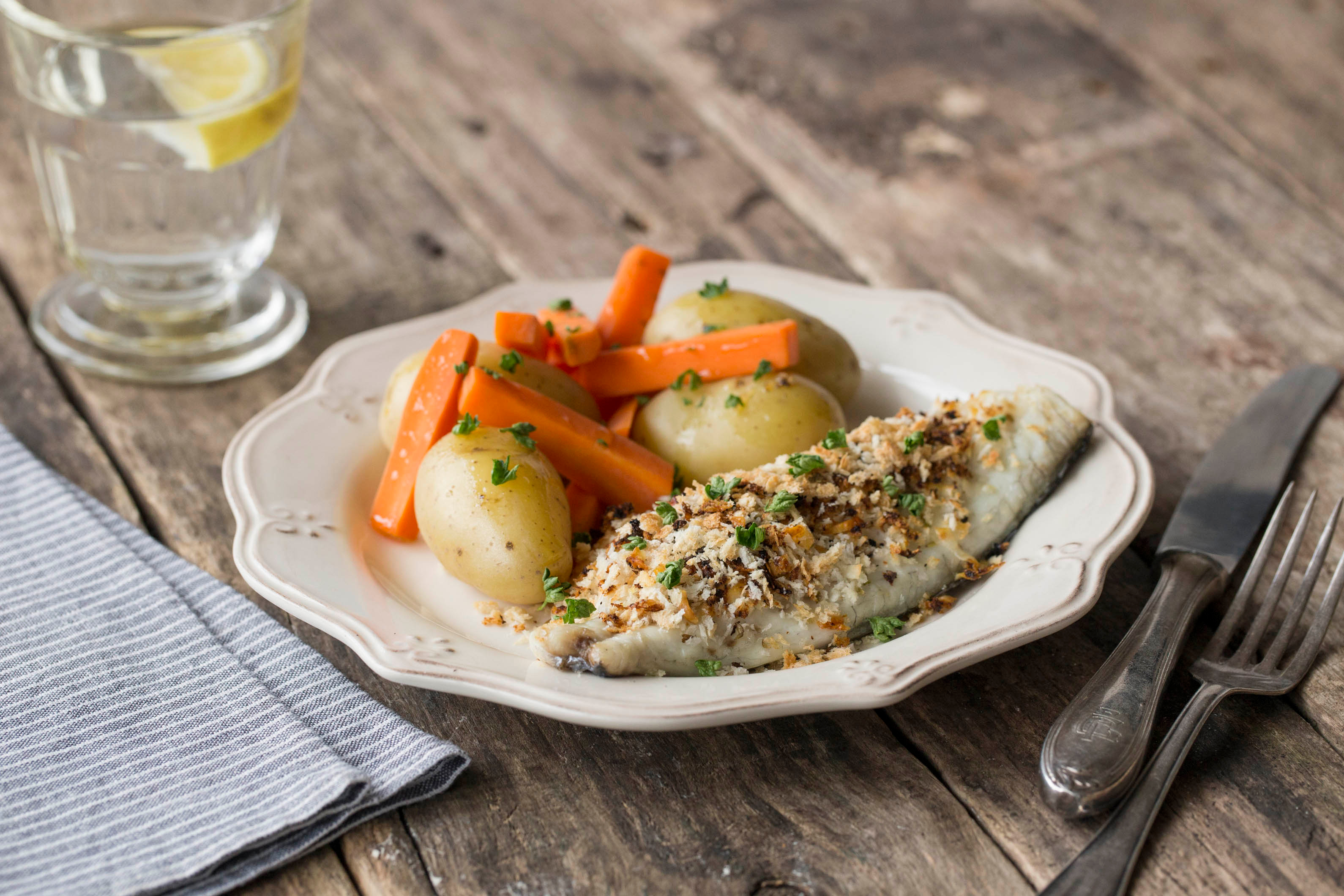 Sea Bream Oreganata with New Potatoes and Carrots