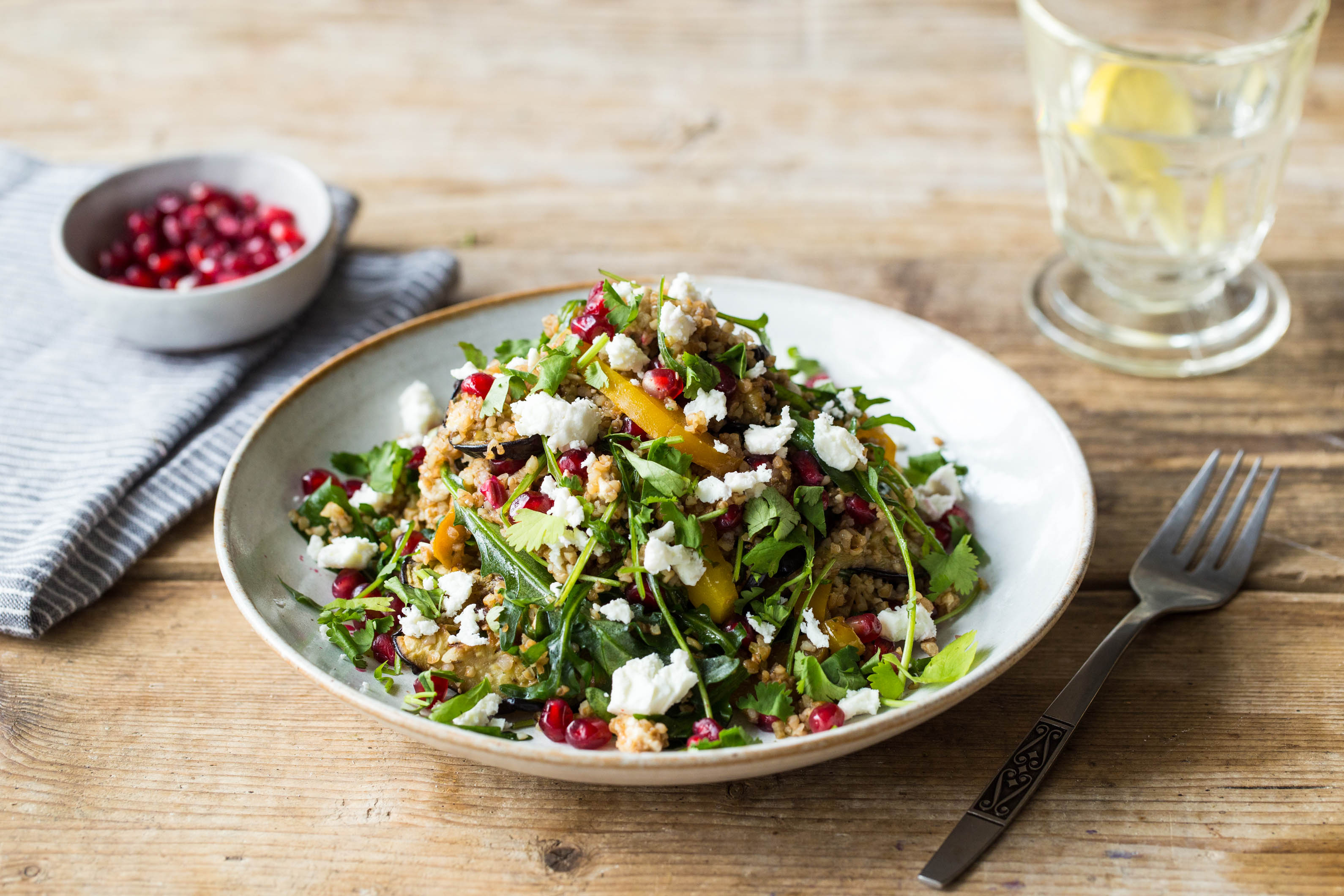 Bulgur met feta en granaatappelpitjes