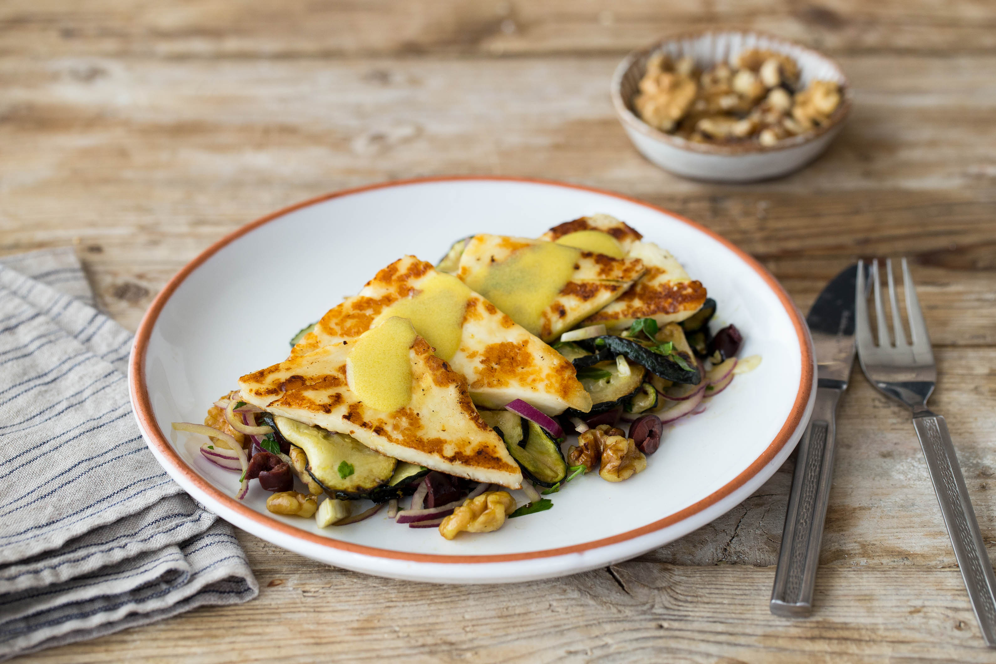 Grilled Haloumi with Walnut & Zucchini Medley