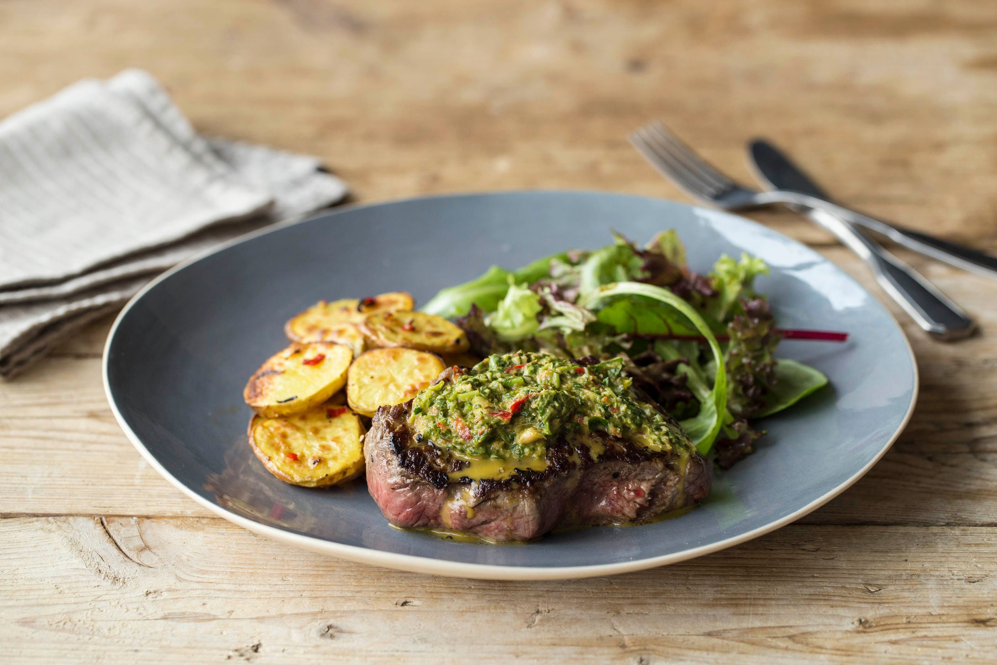 Steak with Chimmichurri & Chilli Potatoes