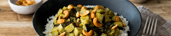 Auberginecurry met groene peper en cashewnoten