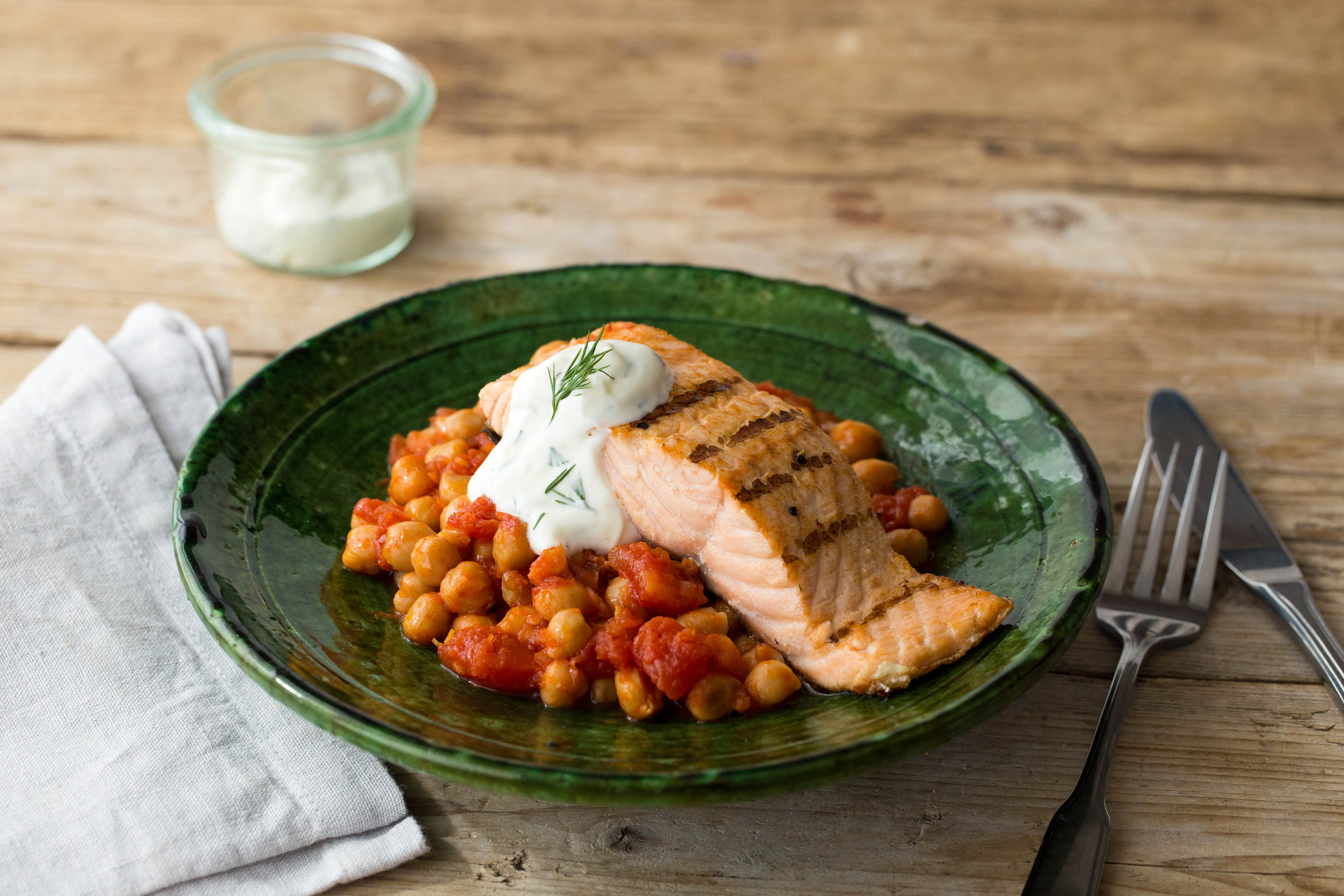 Salmon with Braised Chickpeas & Yoghurt Dressing