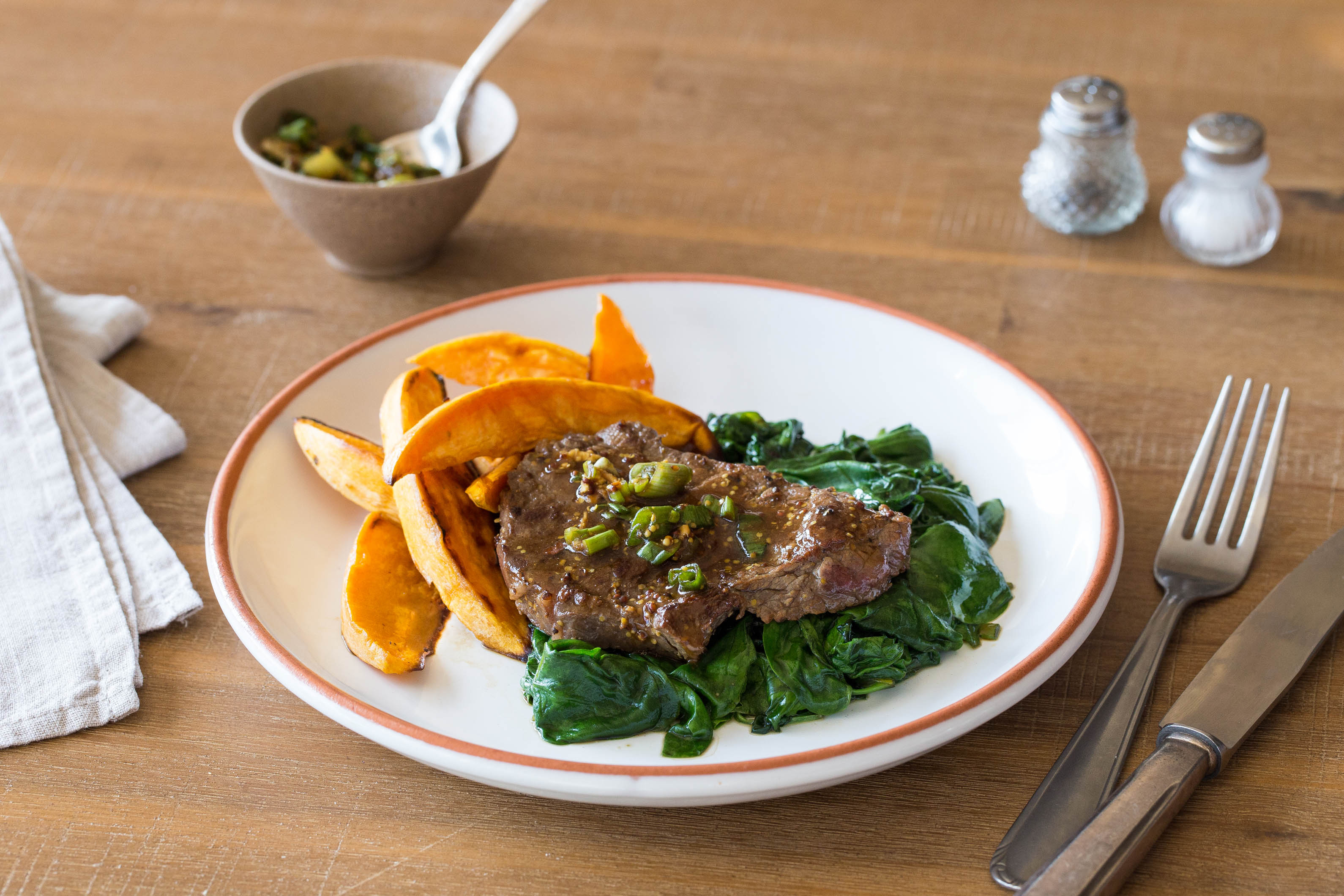 Speedy Saucy Steak with Sweet Potato Wedges