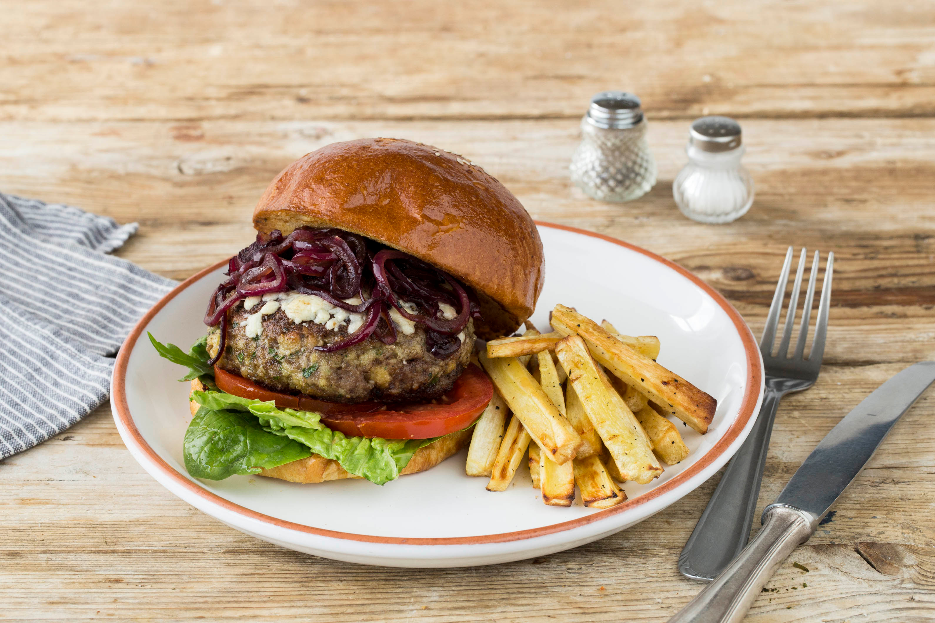 Cheeseburger with Onion Relish & Parsnip Fries