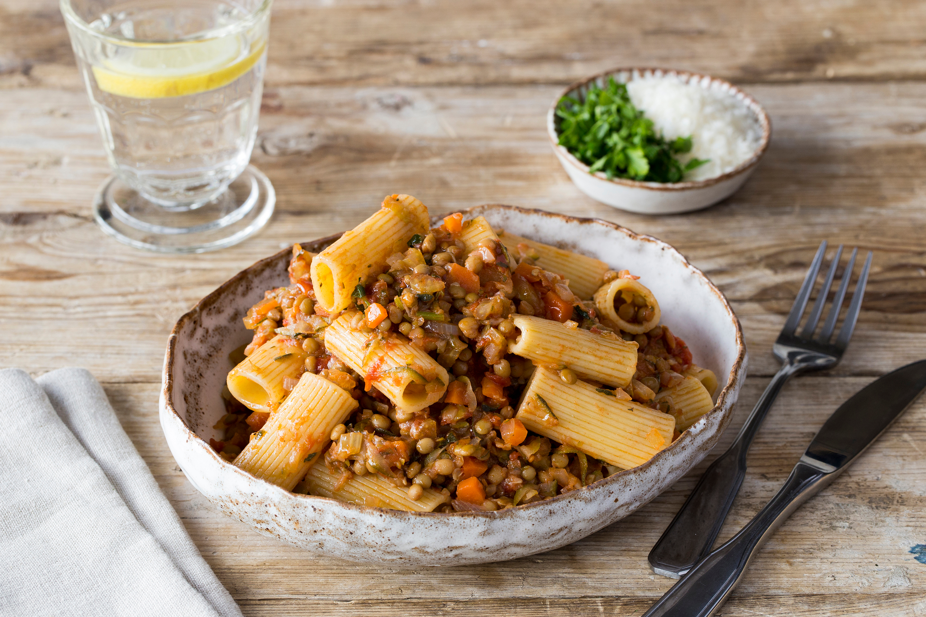 Lentil Rigatoni Bolognese
