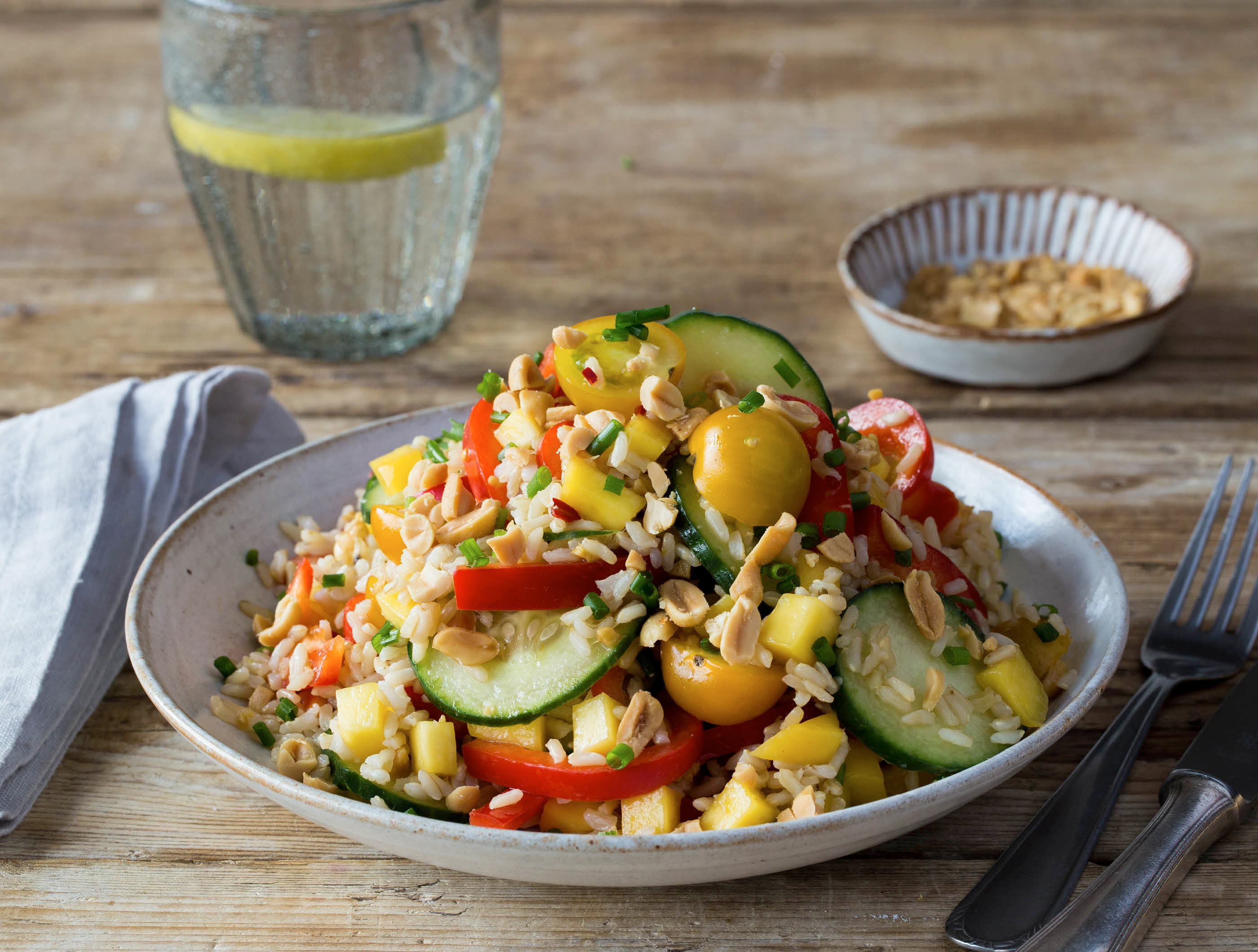 Oosterse rijstsalade met paprika, mango en pinda’s