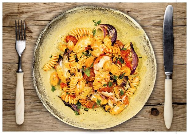 Fusilli-Pasta Auflauf mit im Ofen geschmortem Gemüse