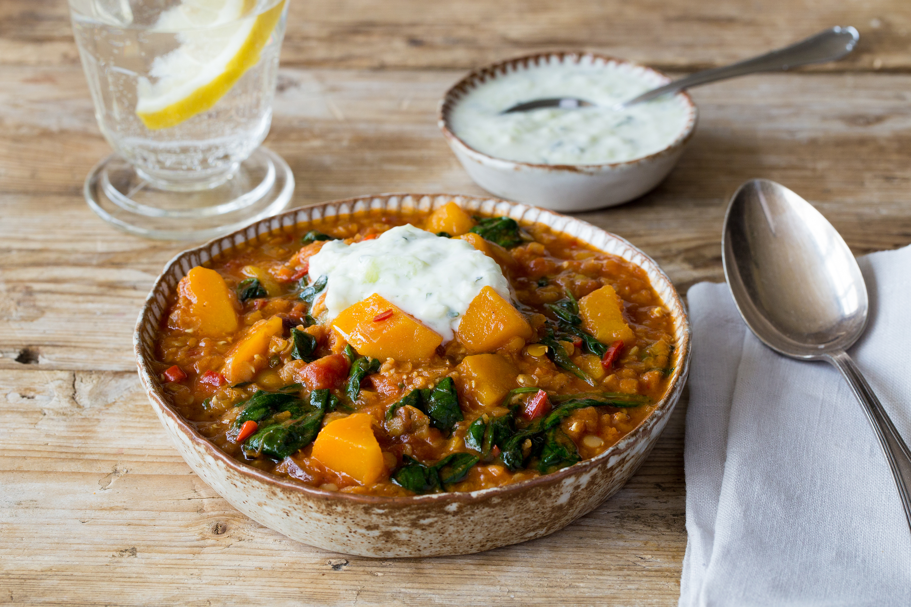 Pumpkin & Spinach Dhal with Cucumber Raita