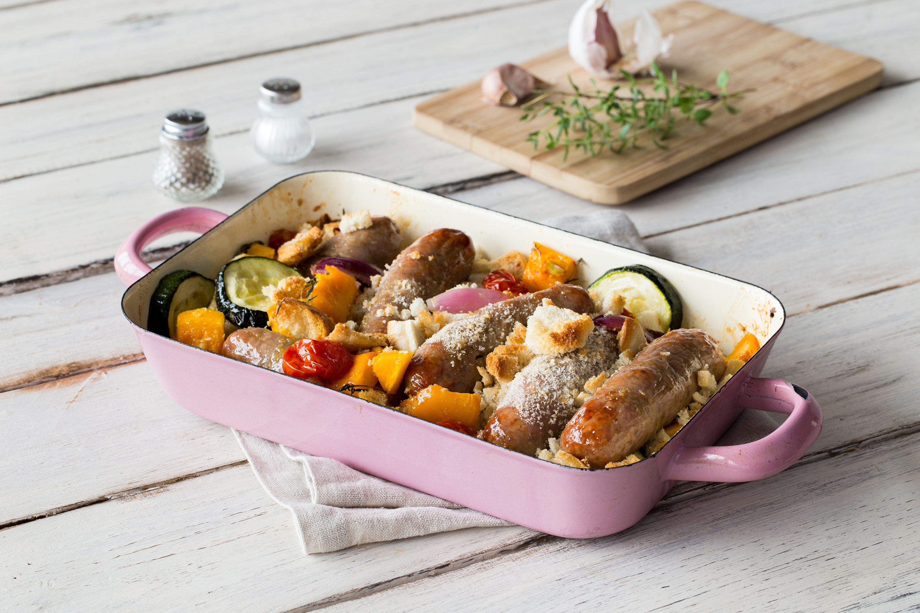 White Wine and Garlic Pork Sausage Traybake