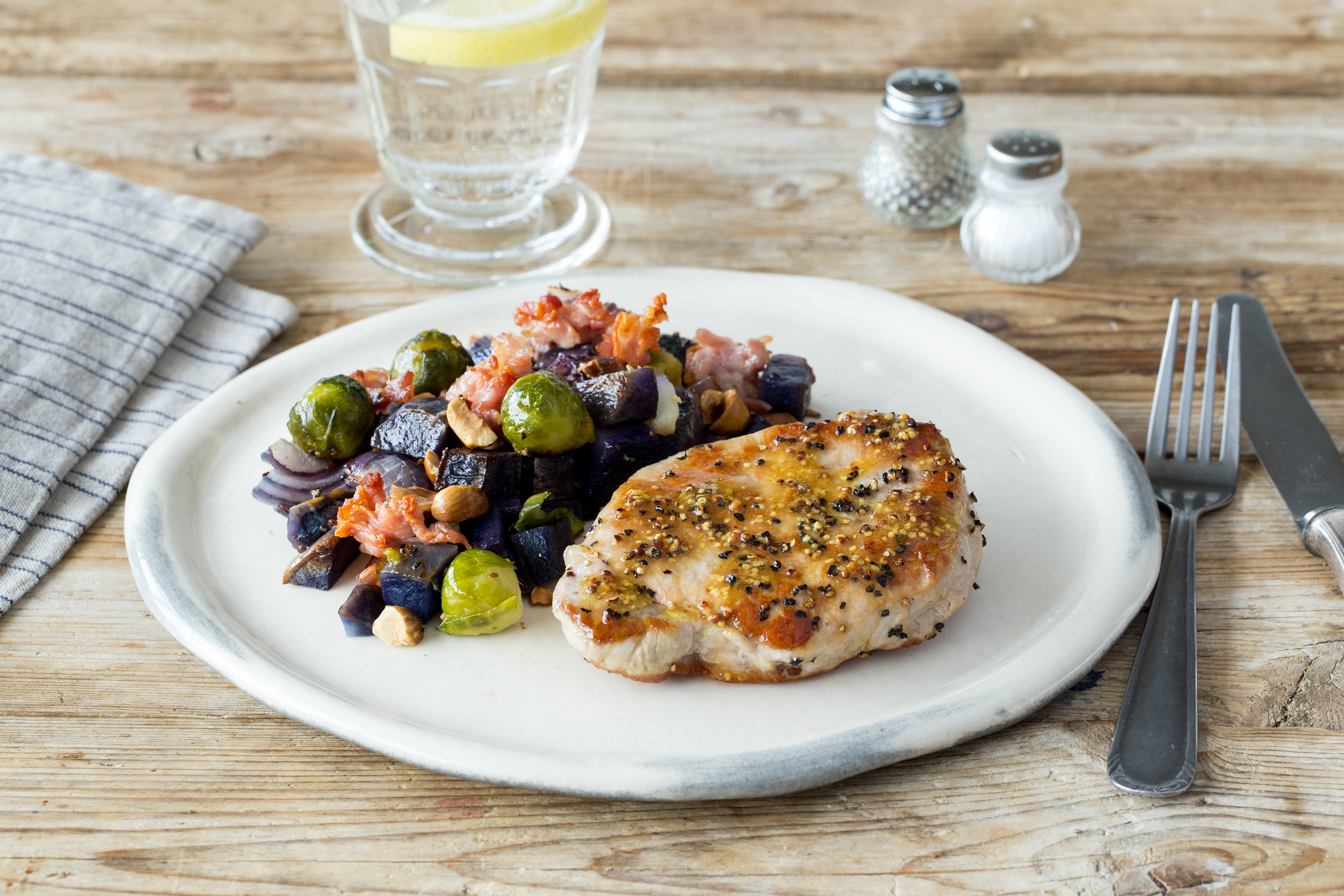 Pork á L’Orange with Hazelnuts, Sprouts & Bacon