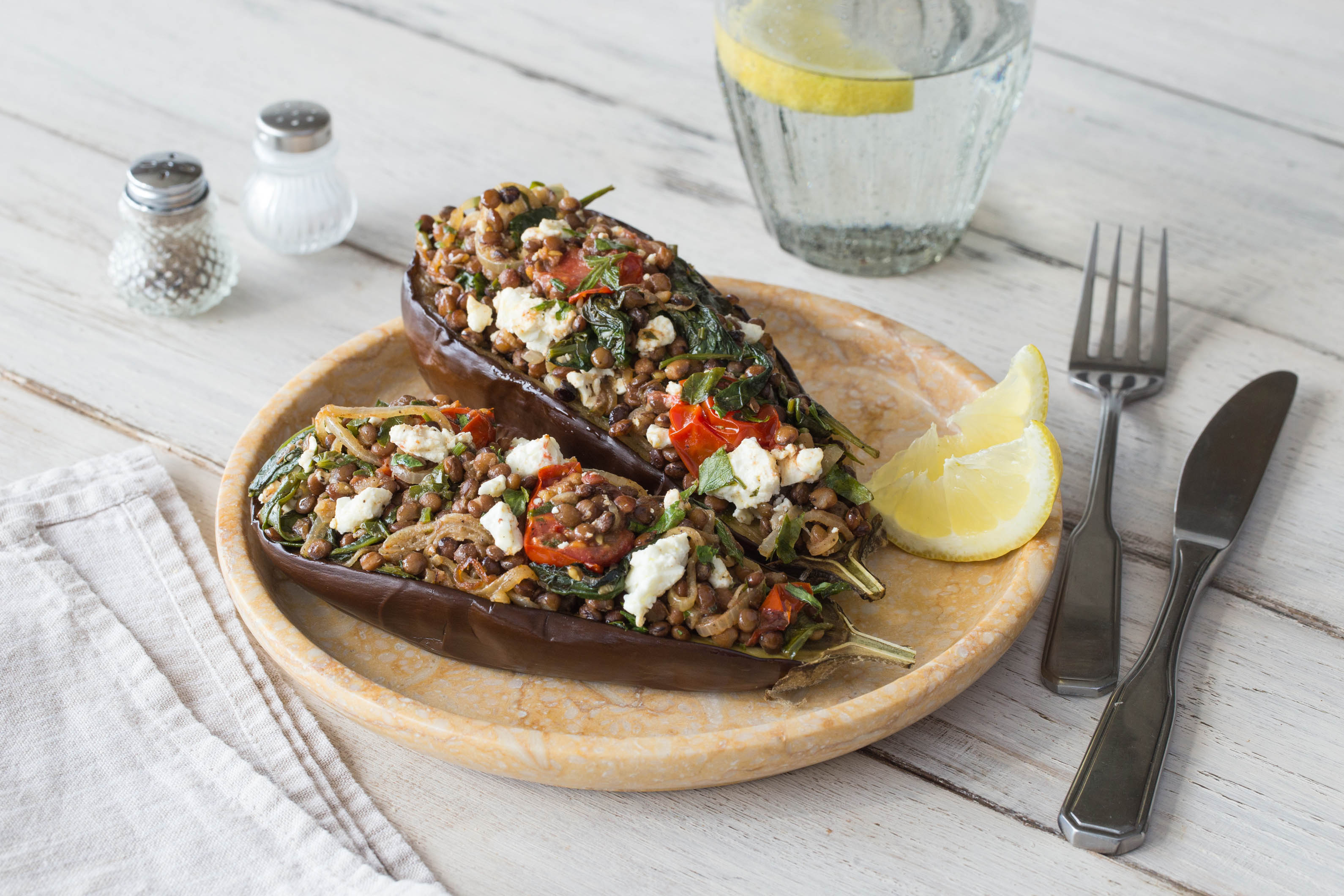 Whole Roasted Eggplant with Lentils & Fetta