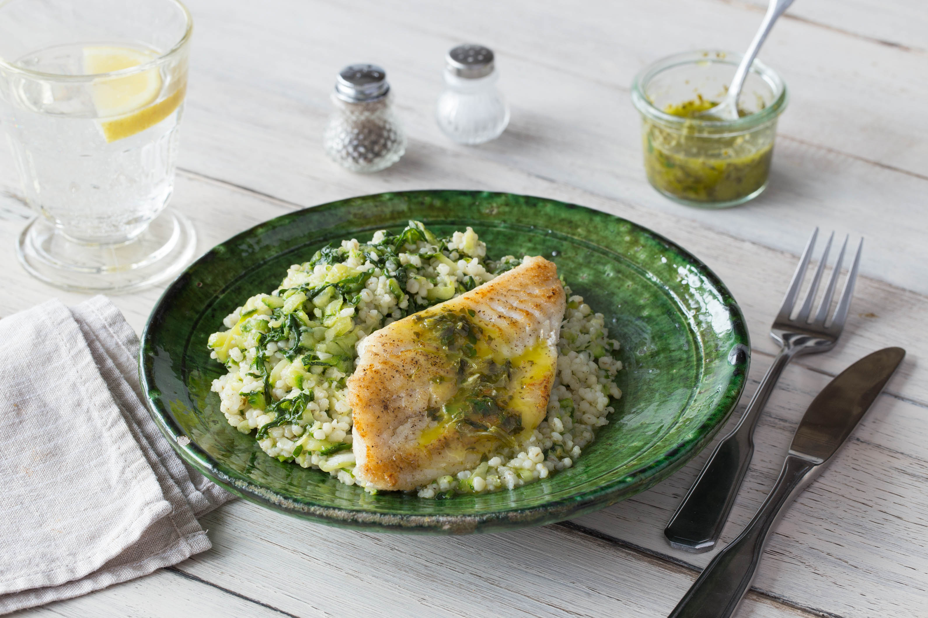 Kingfish with Green Pearl Barley & Parsley Oil