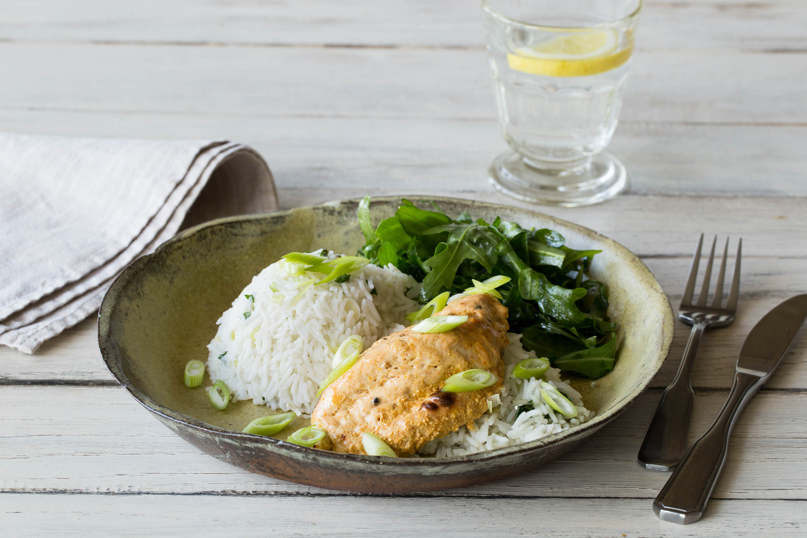 Indisches Rahm-Tandoori-Hähnchen mit Koriander-Reis