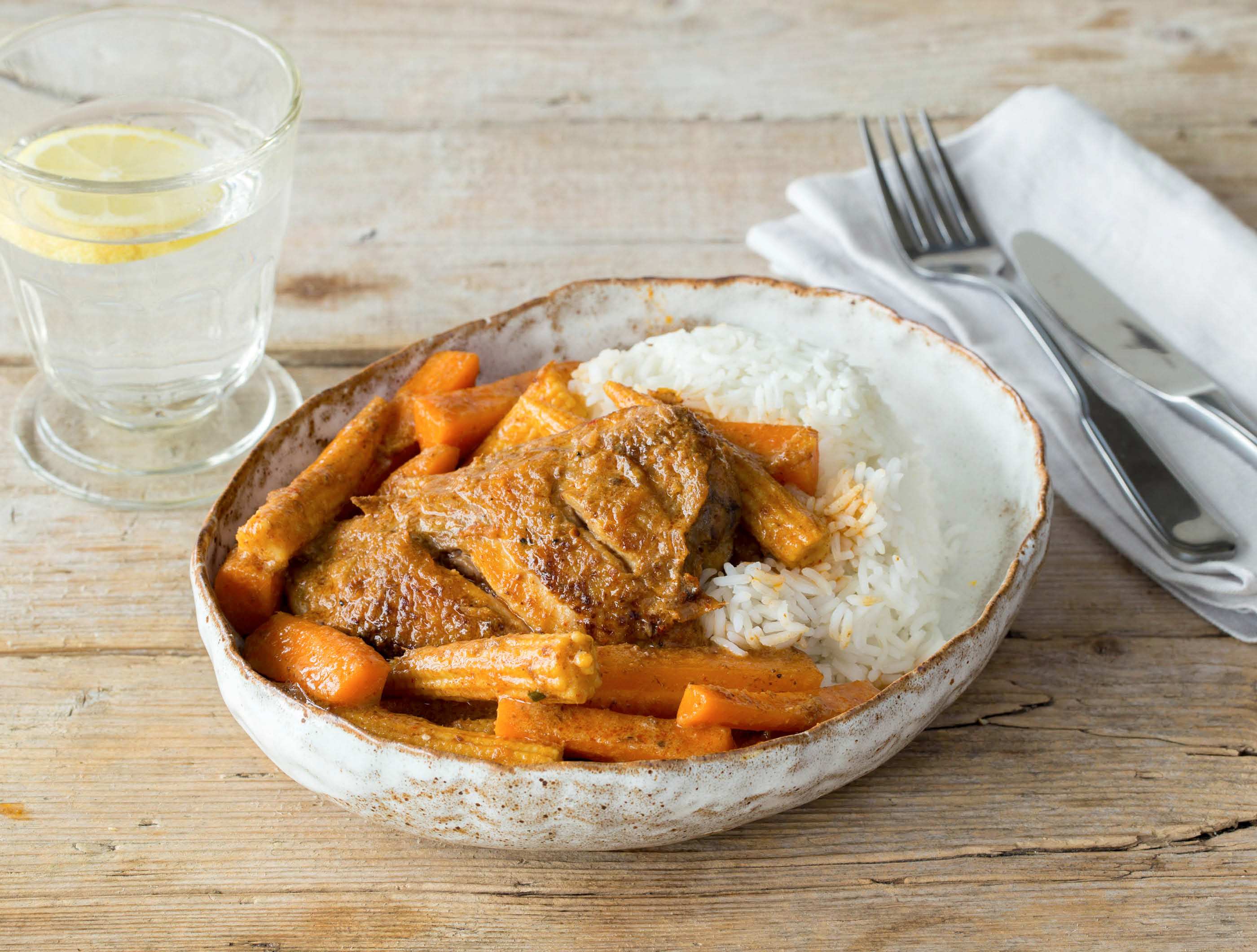 Massamancurry met kippendij, gember en limoen