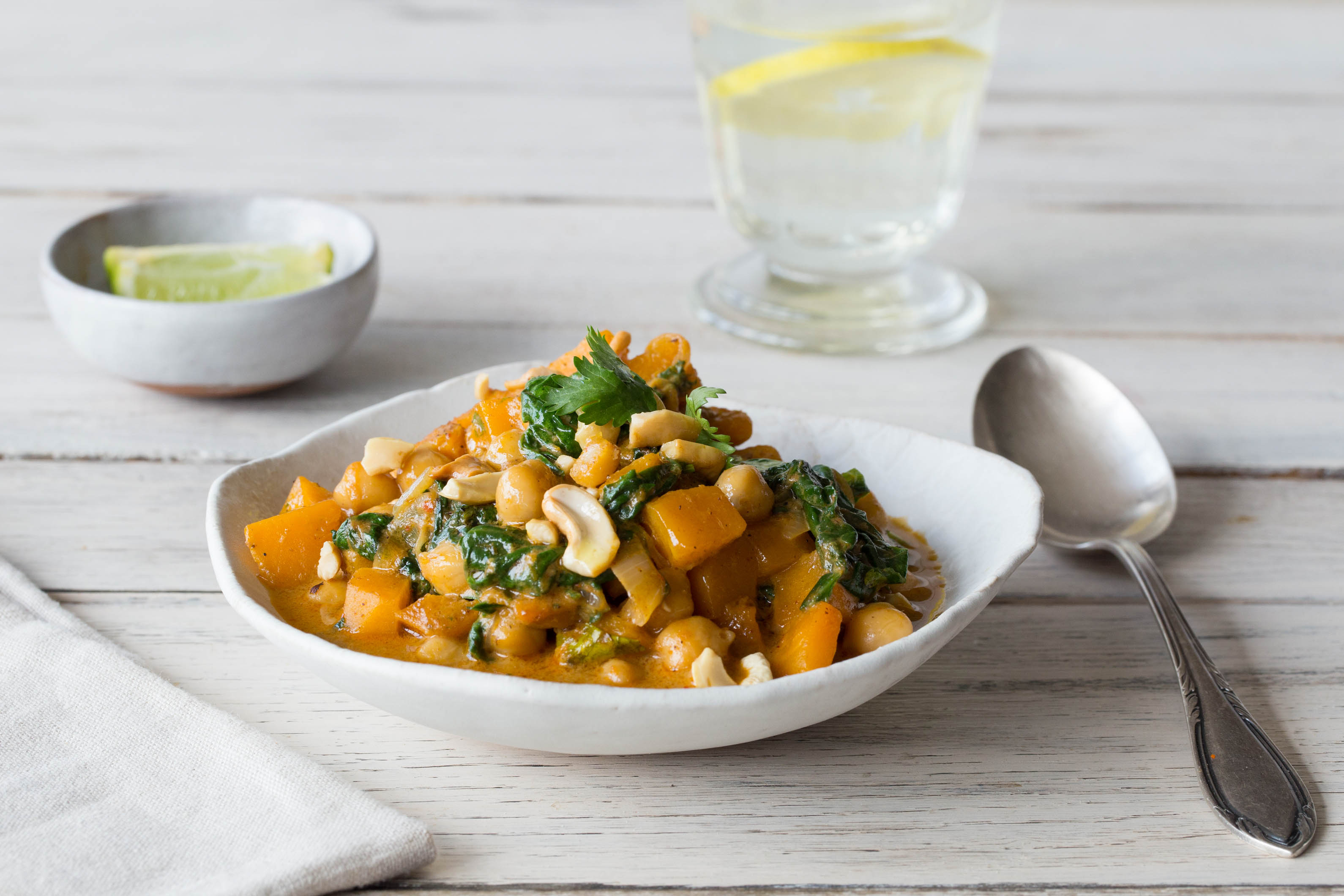 Butternut Squash Curry with Chickpeas, Spinach, and Cashews