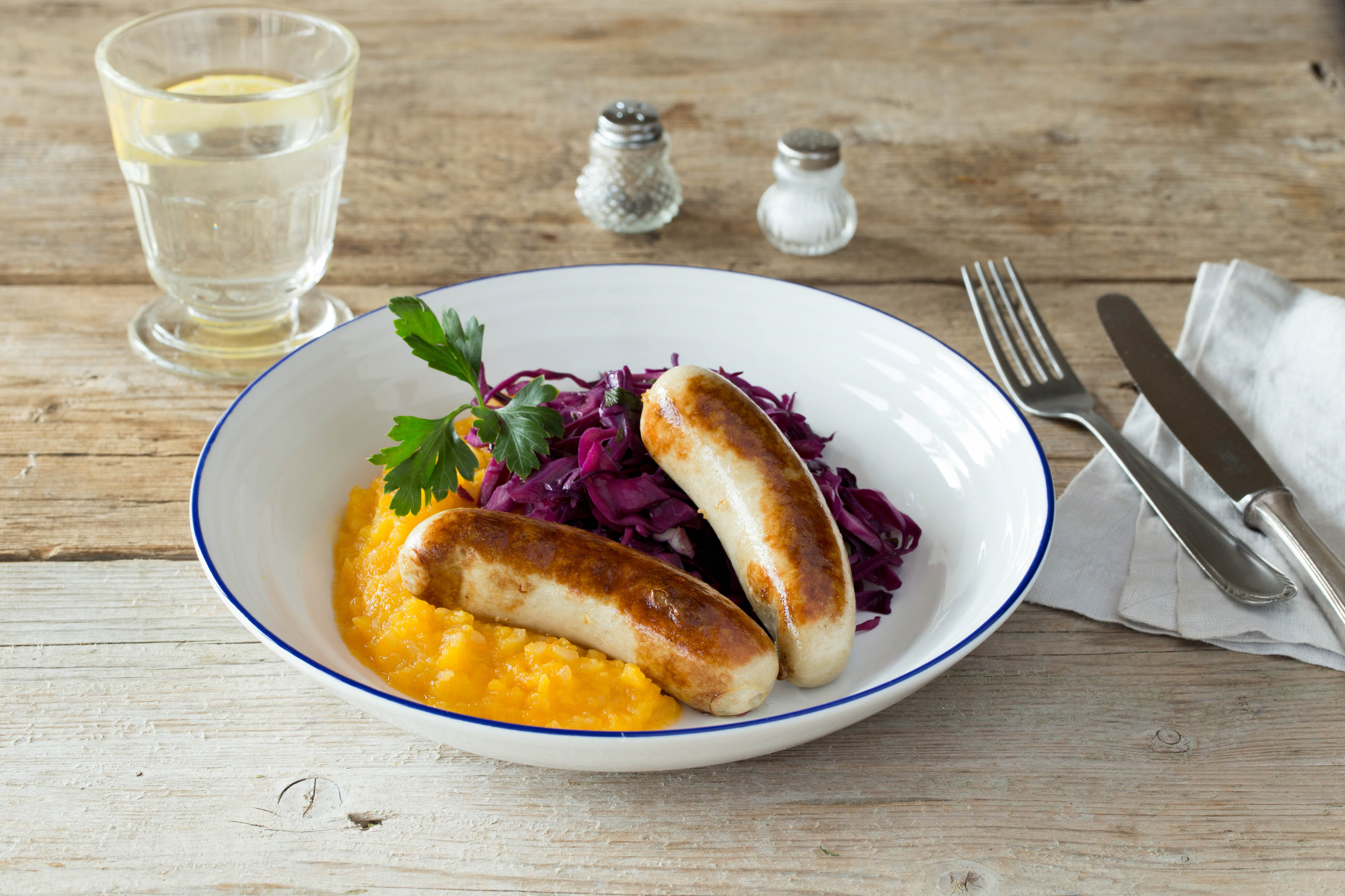 Pan-Seared Chicken Sausage with Tangy Cabbage and Butternut Squash-Apple Puree
