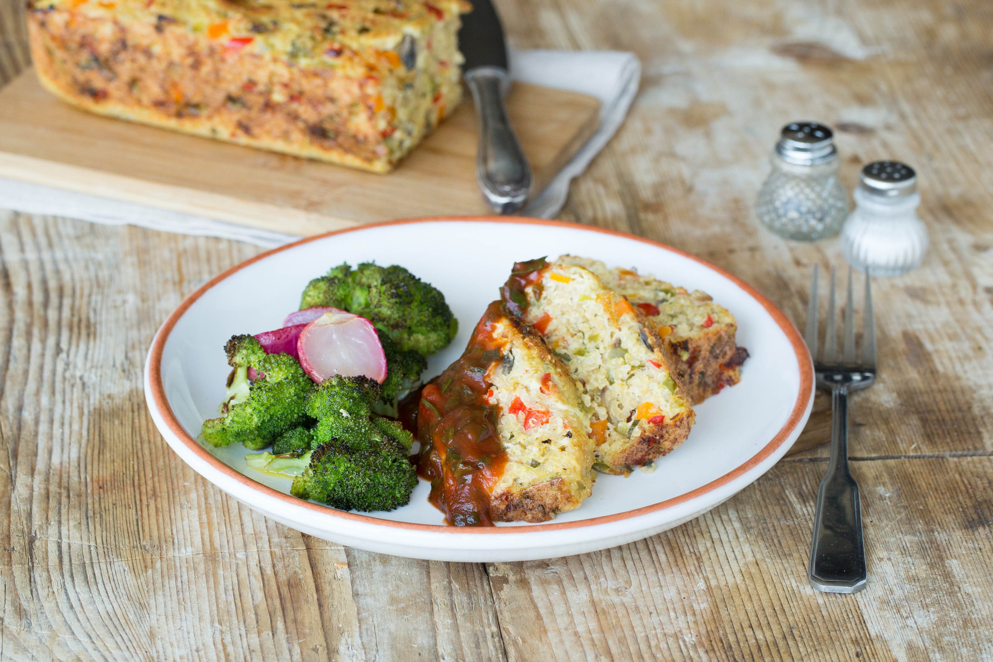 Quinoa Veggie Loaf with Roasted Radishes and Crispy Broccoli
