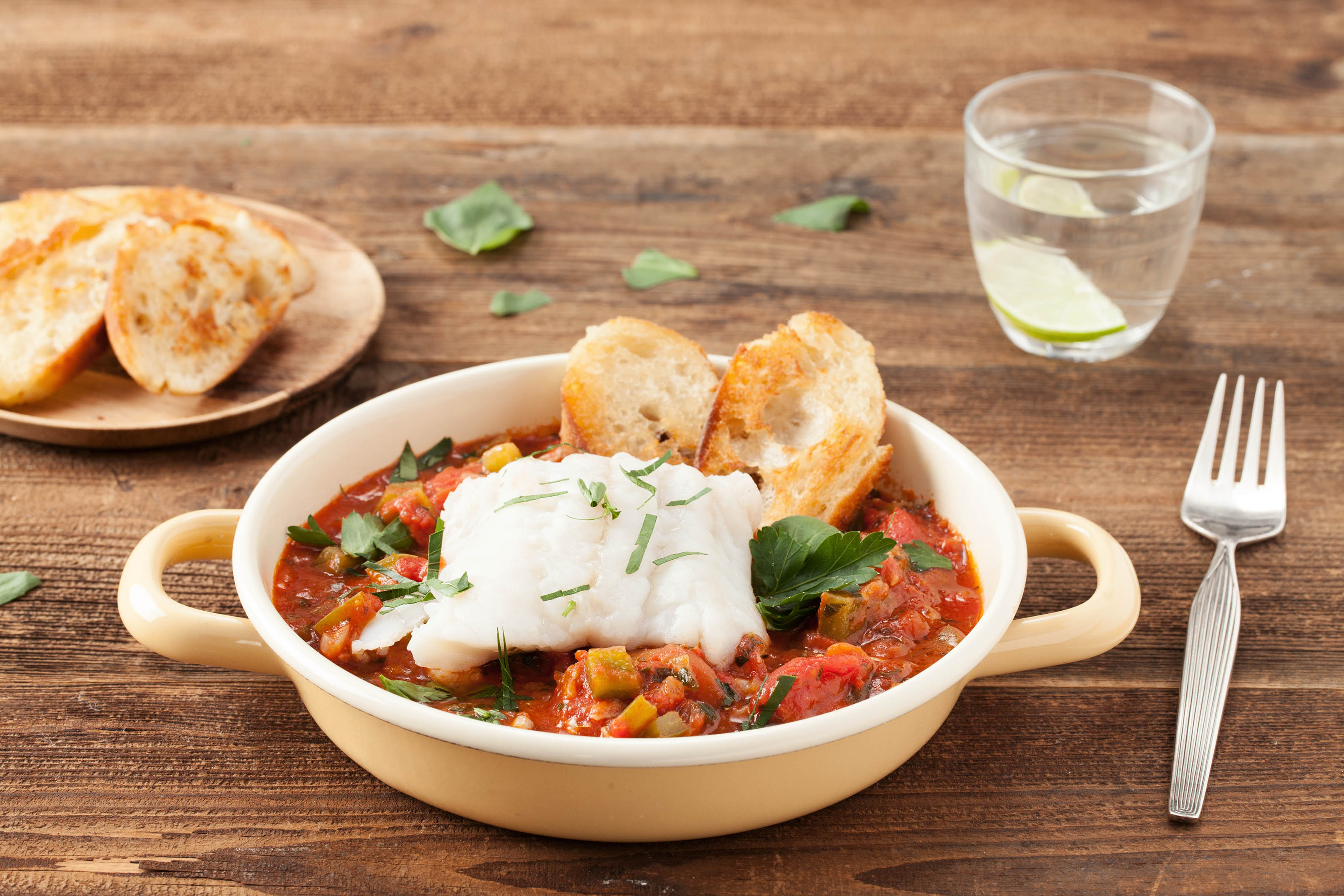 Cod Cioppino in Tomato Stew with Toasted Baguette