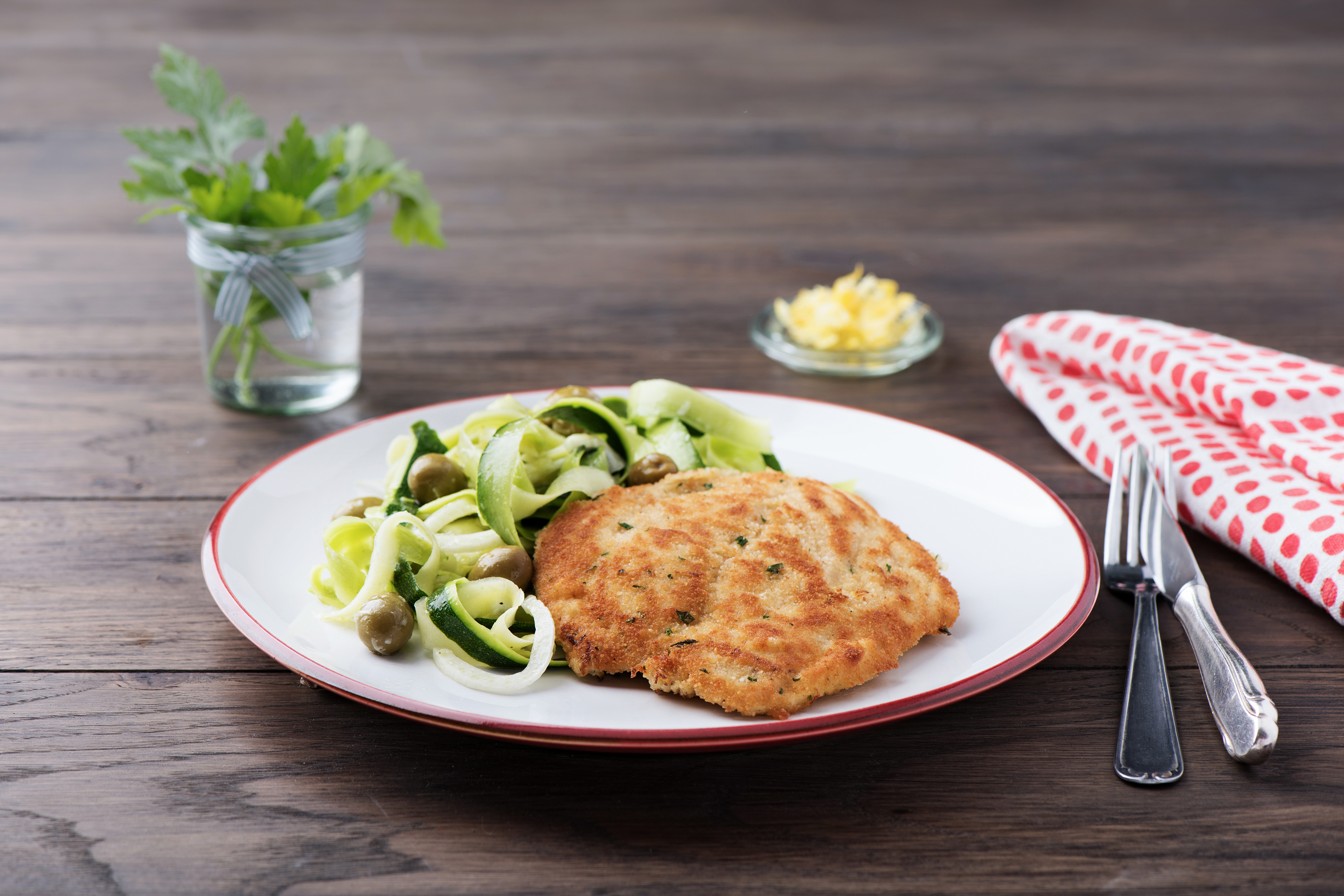 Herbed Crumbed Chicken with Zucchini & Olive Salad