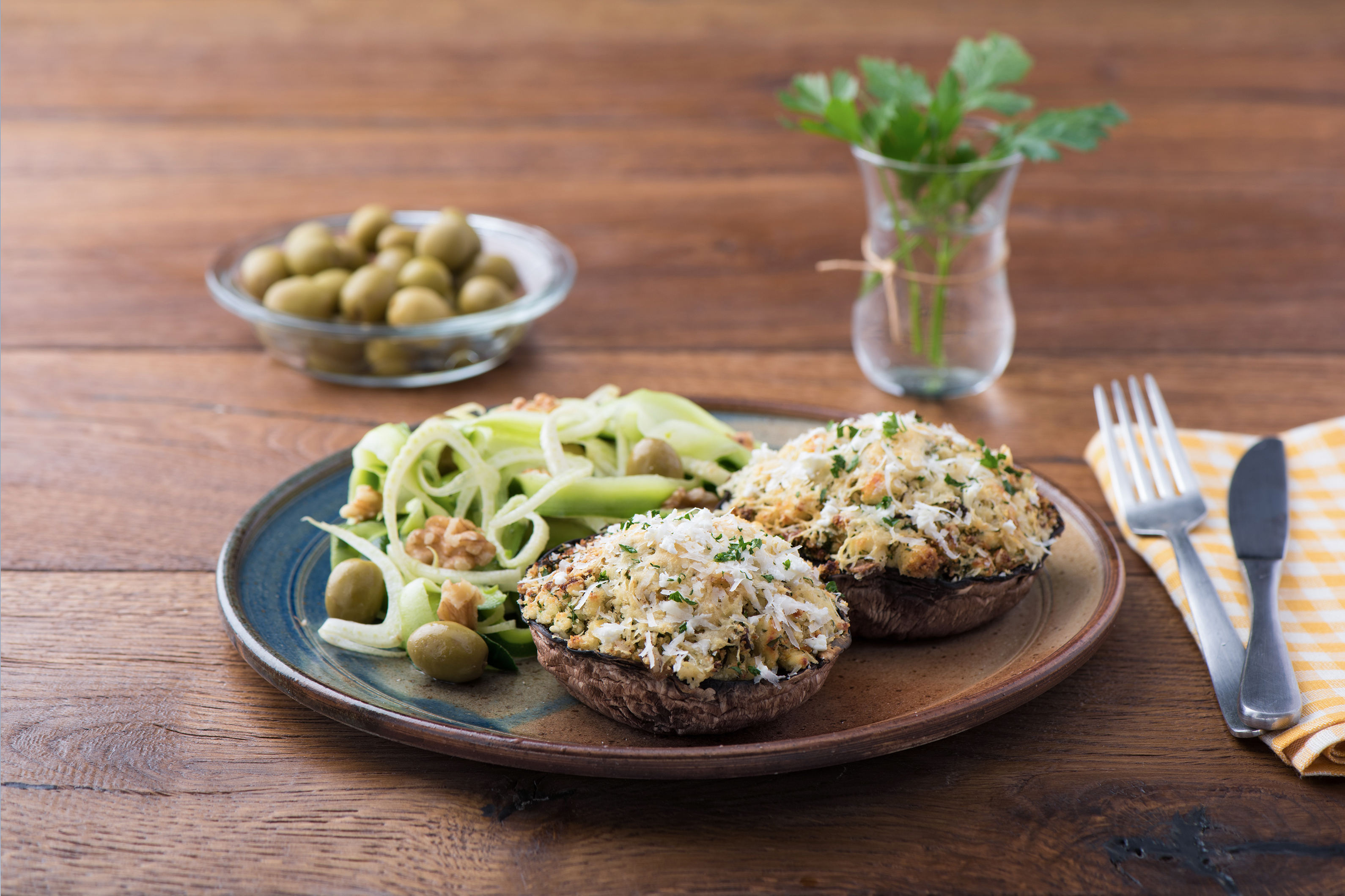 Stuffed Mushrooms with Zucchini & Olive Salad