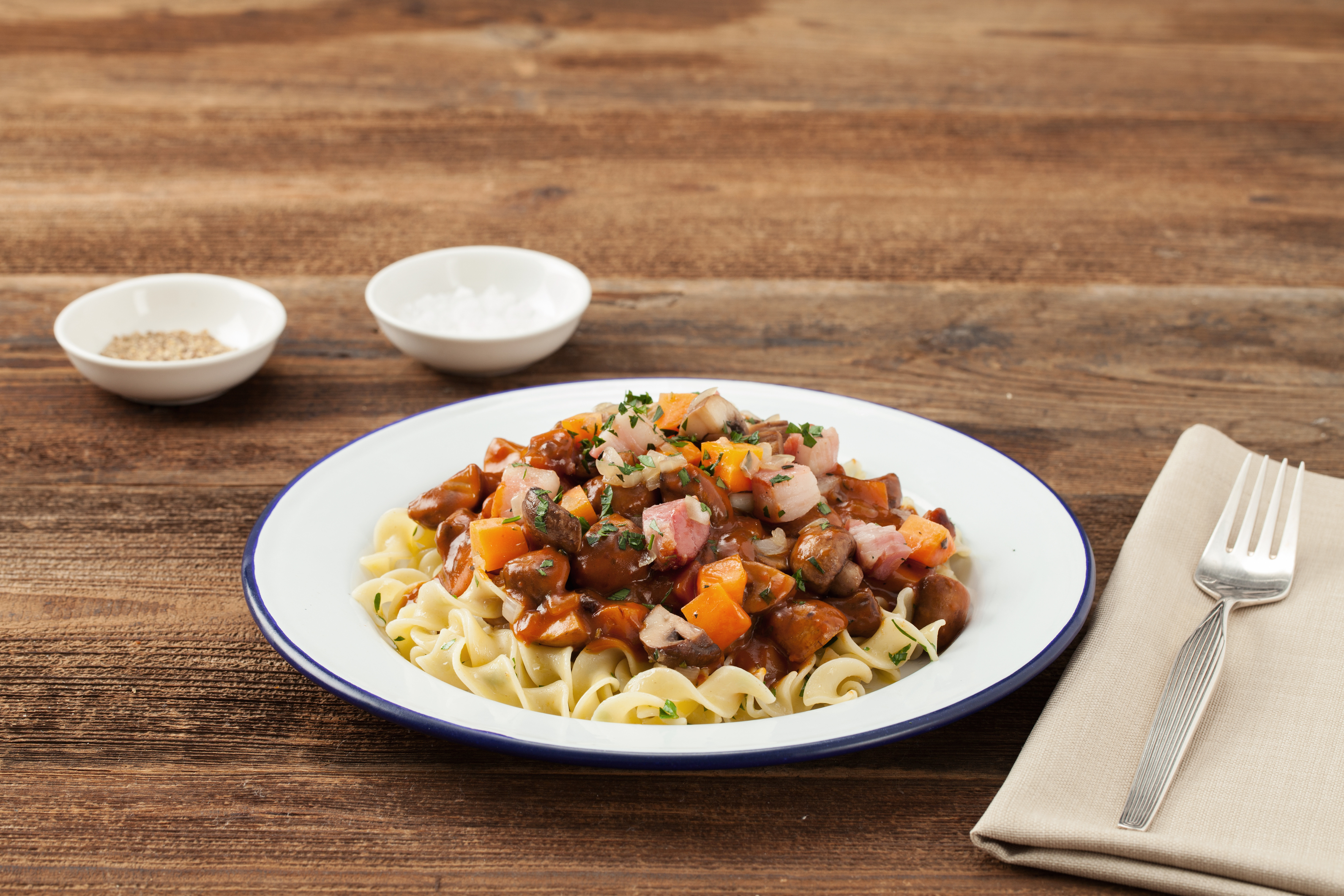 Mushroom Bourguignon with Crispy Pancetta and Buttered Egg Noodles