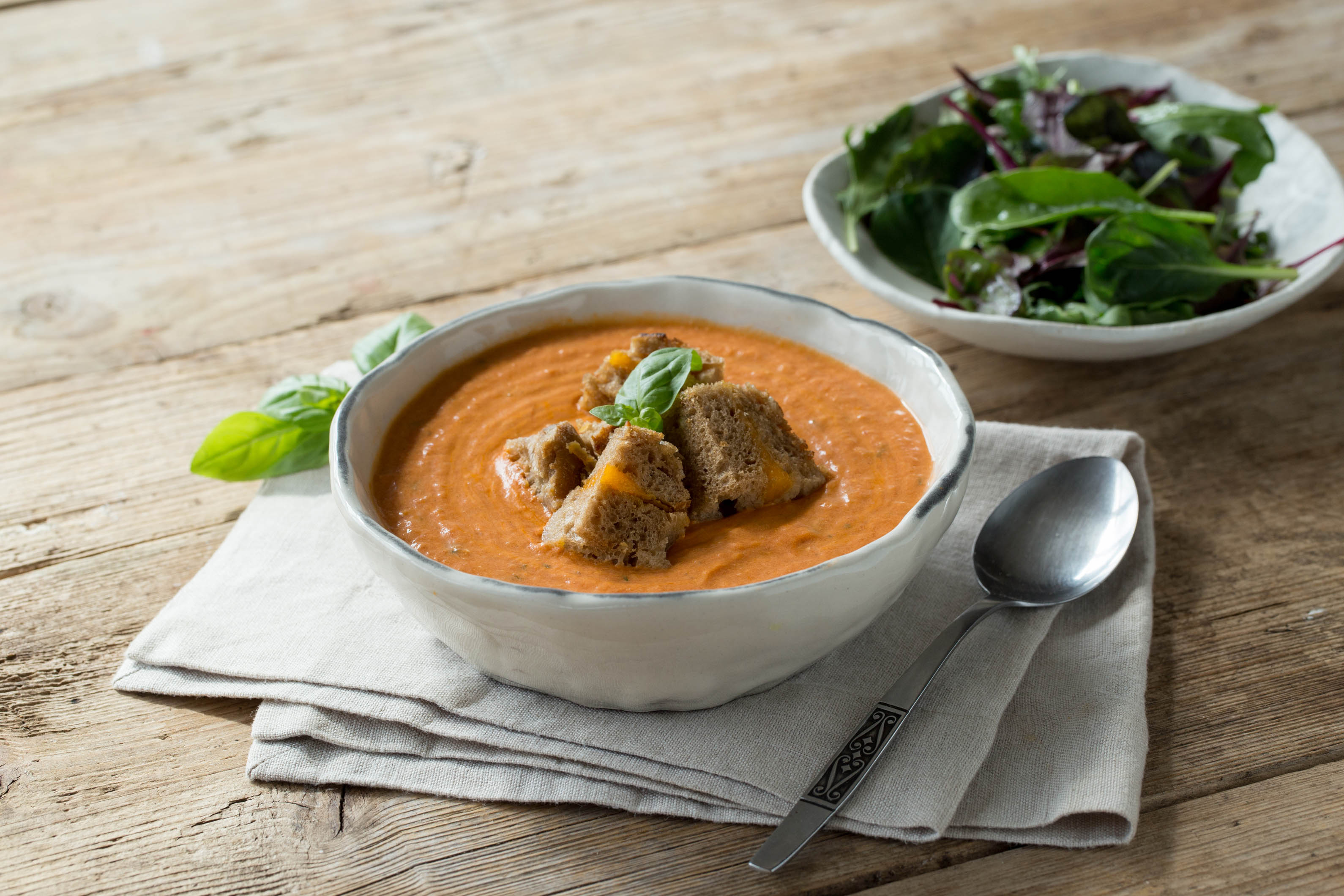 Tomato Bisque with Grilled Cheese Croutons and Balsamic Greens
