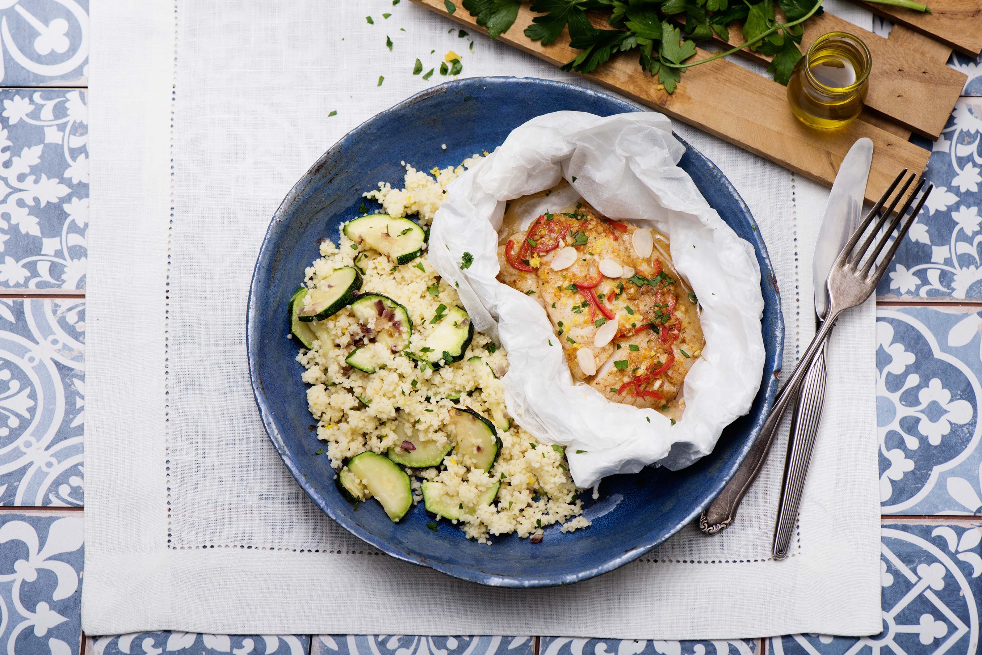 Zesty Fish with Almonds & Spiced Couscous