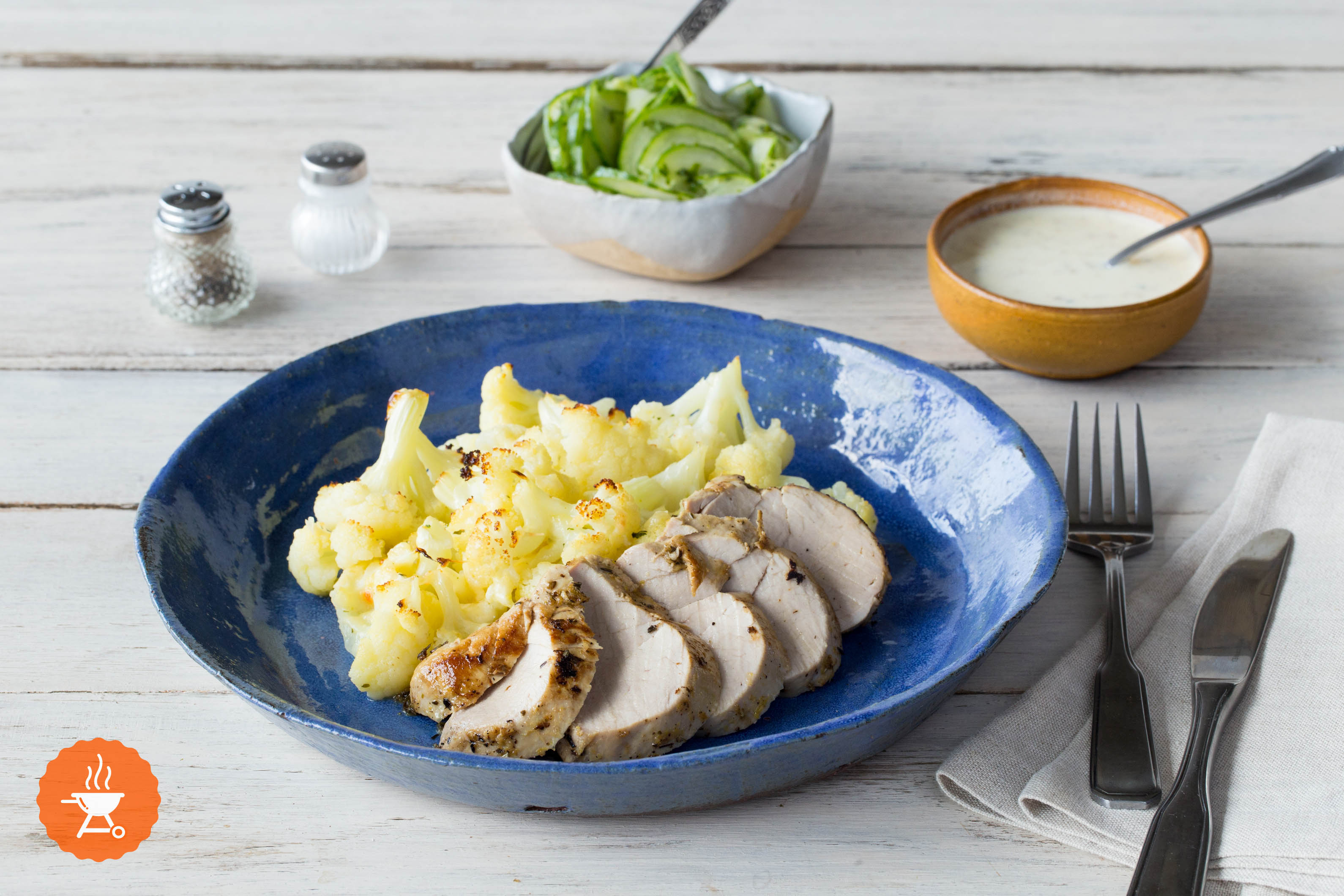 Low Carb: Schweinefilet in Kräutermarinade mit gratiniertem Blumenkohl,