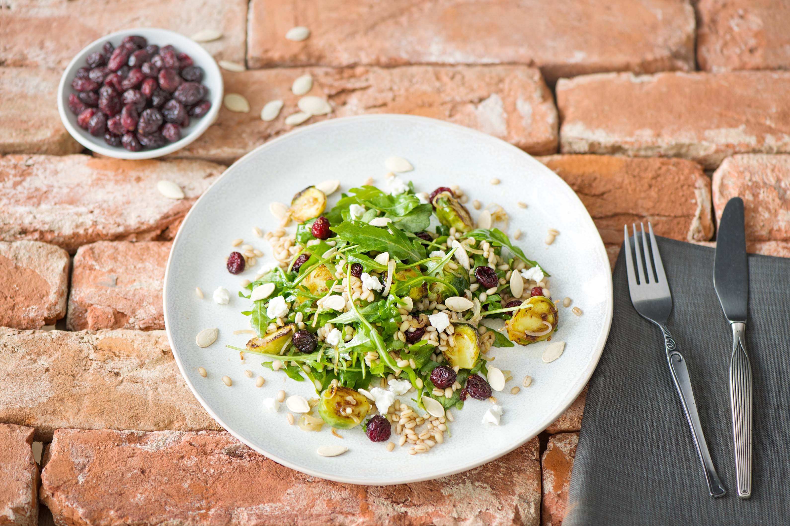 Roasted Brussels Sprout & Barley Salad with Goat Cheese, Cranberries, and Pepitas