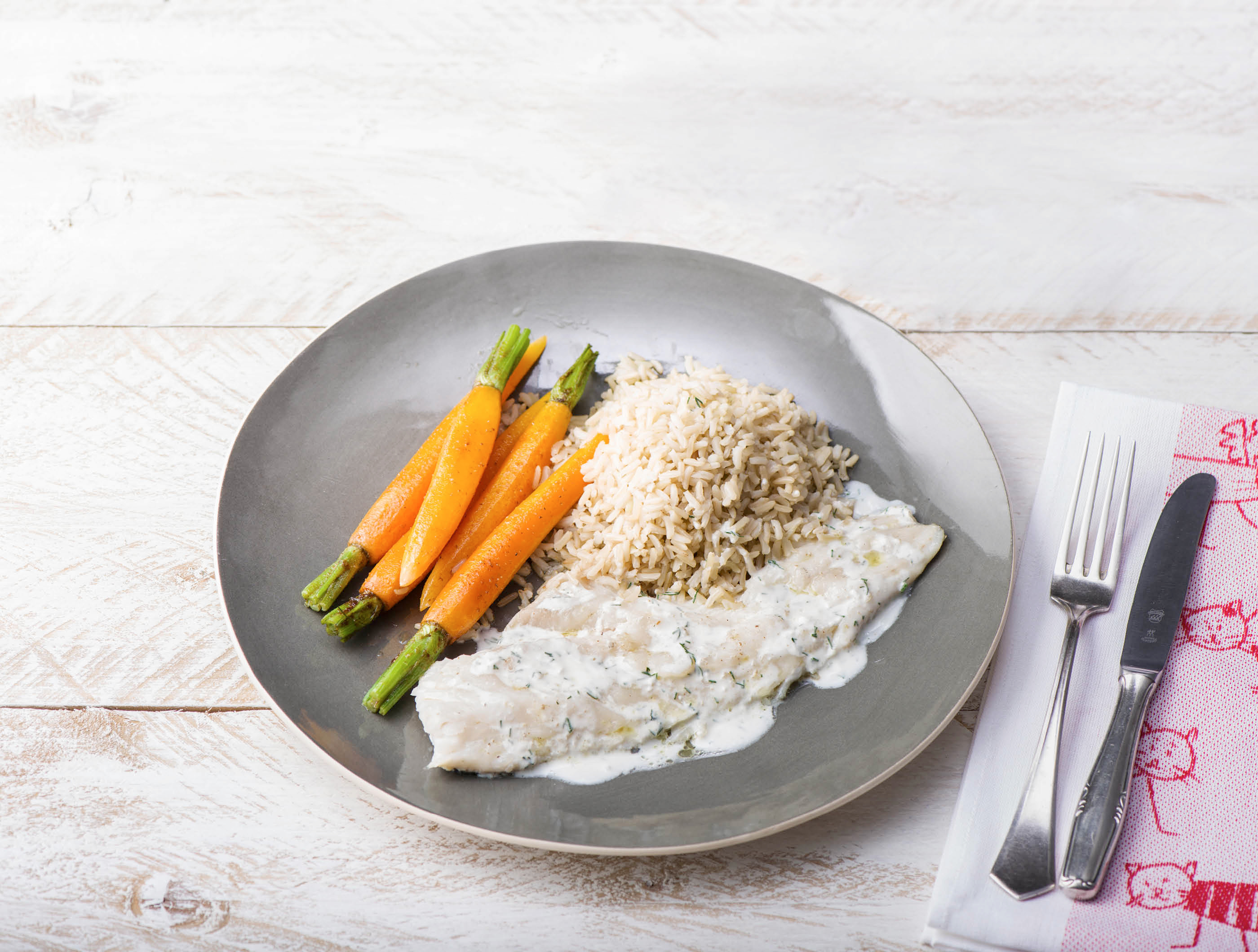 Schelvis met gebakken bospeen en zilvervliesrijst