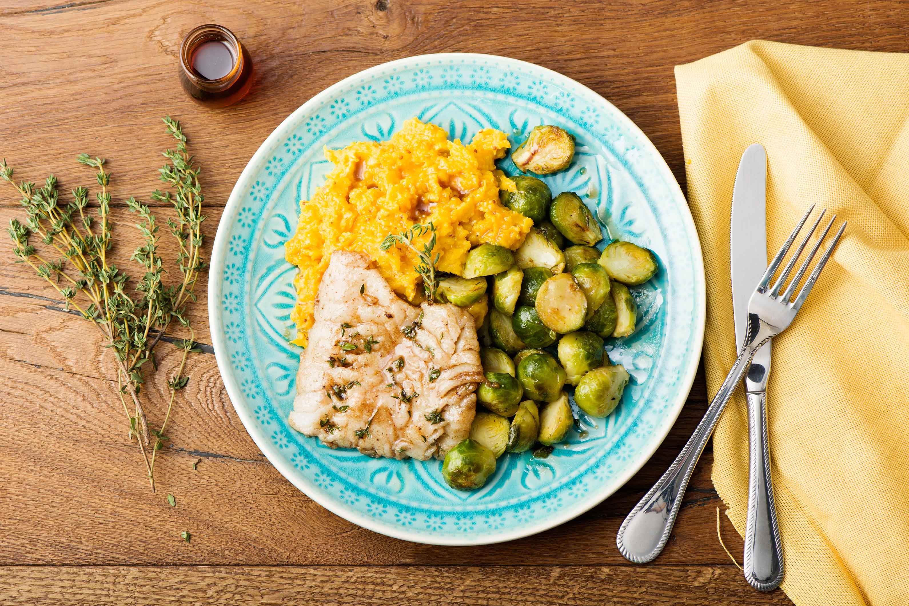 Maple-Balsamic Glazed Cod with Butternut Mash & Roasted Brussels Sprouts