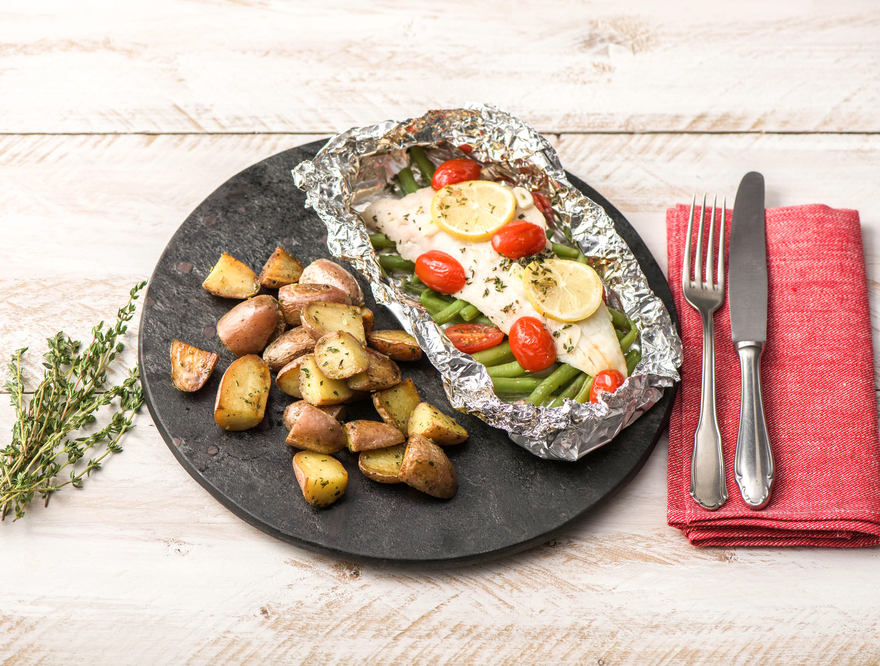 Heekfilet uit de oven met sperziebonen en aardappelen